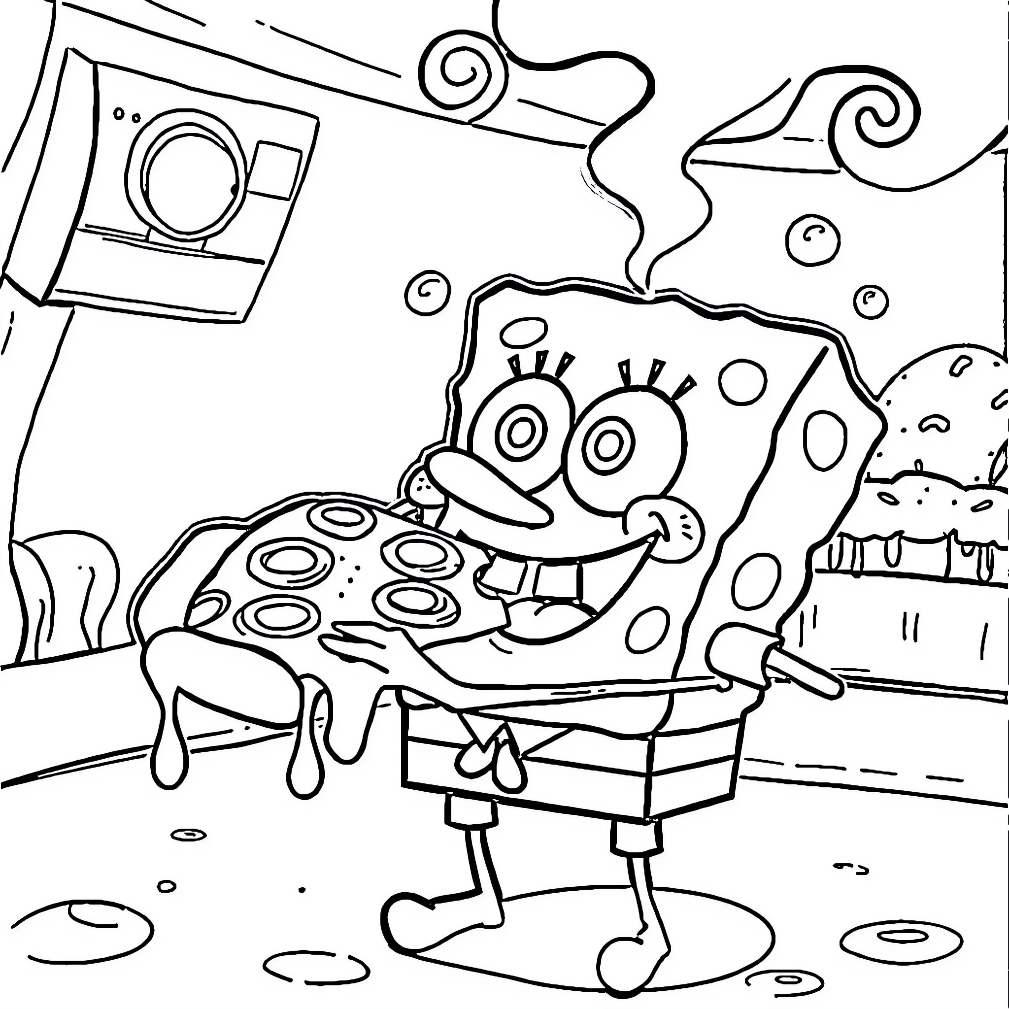 Spongebob having fun in an imaginative scene Coloring Page (free black-and-white line drawing printable PDF for all, from beginners to advanced learners, including children, teens, adults, and seniors)