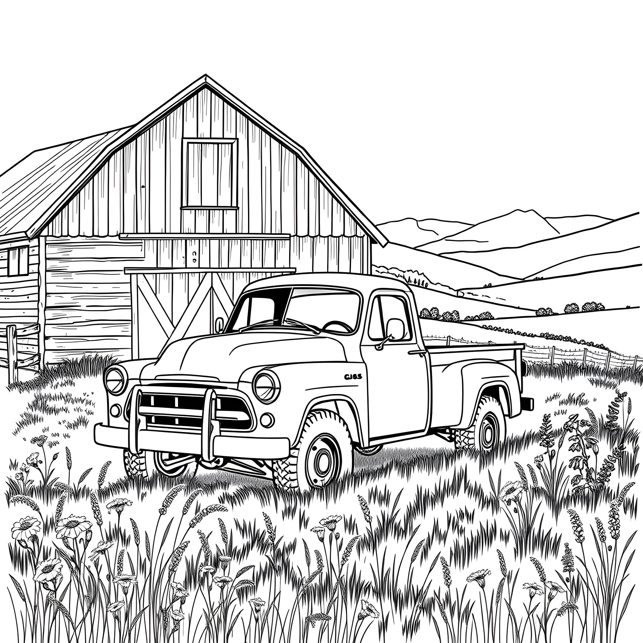Truck parked in front of rustic barn in countryside Coloring Page (free black-and-white line drawing printable PDF for all, from beginners to advanced learners, including children, teens, adults, and seniors)