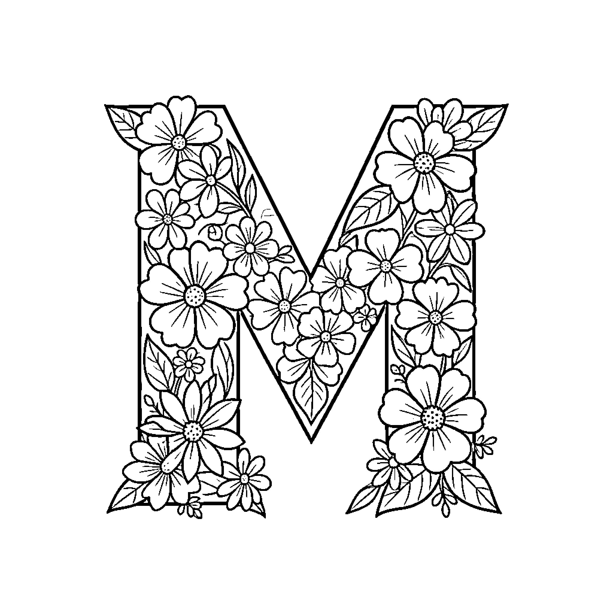 Letter M filled with floral designs Coloring Page (free black-and-white line drawing printable PDF for all, from beginners to advanced learners, including children, teens, adults, and seniors)
