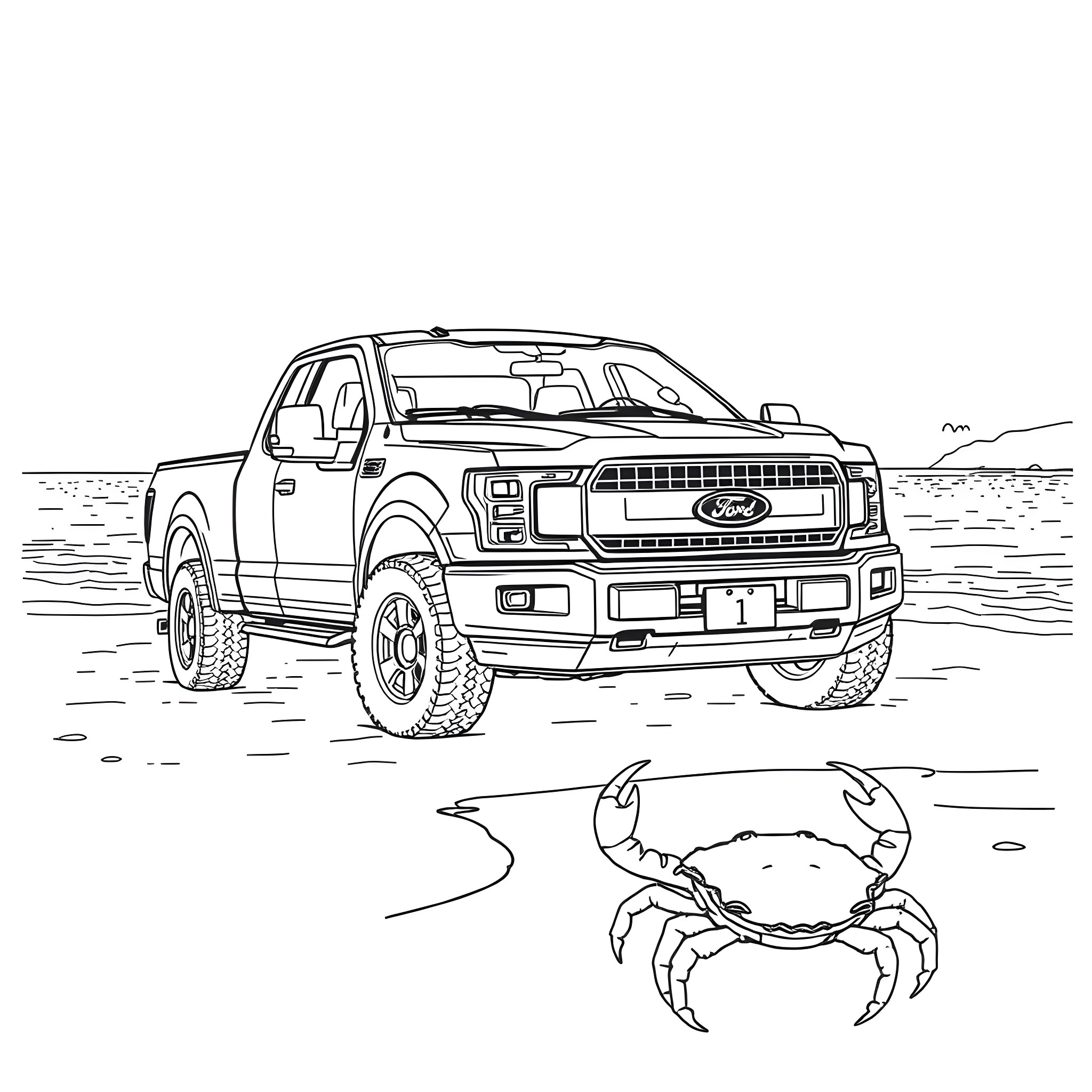 Ford Pickup truck on the beach with a crab Coloring Page (free black-and-white line drawing printable PDF for all, from beginners to advanced learners, including children, teens, adults, and seniors)
