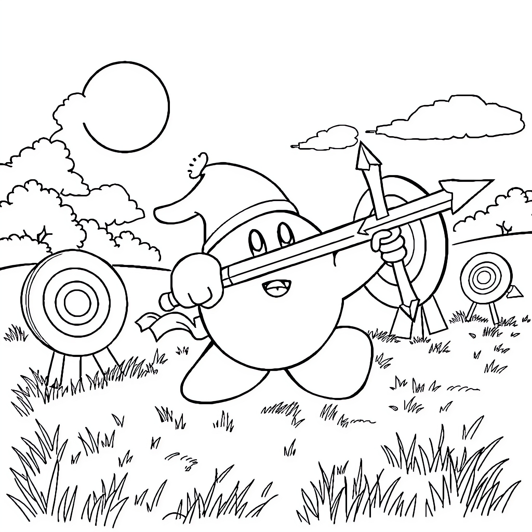 Kirby exploring the outdoor environment Coloring Page (free black-and-white line drawing printable PDF for all, from beginners to advanced learners, including children, teens, adults, and seniors)