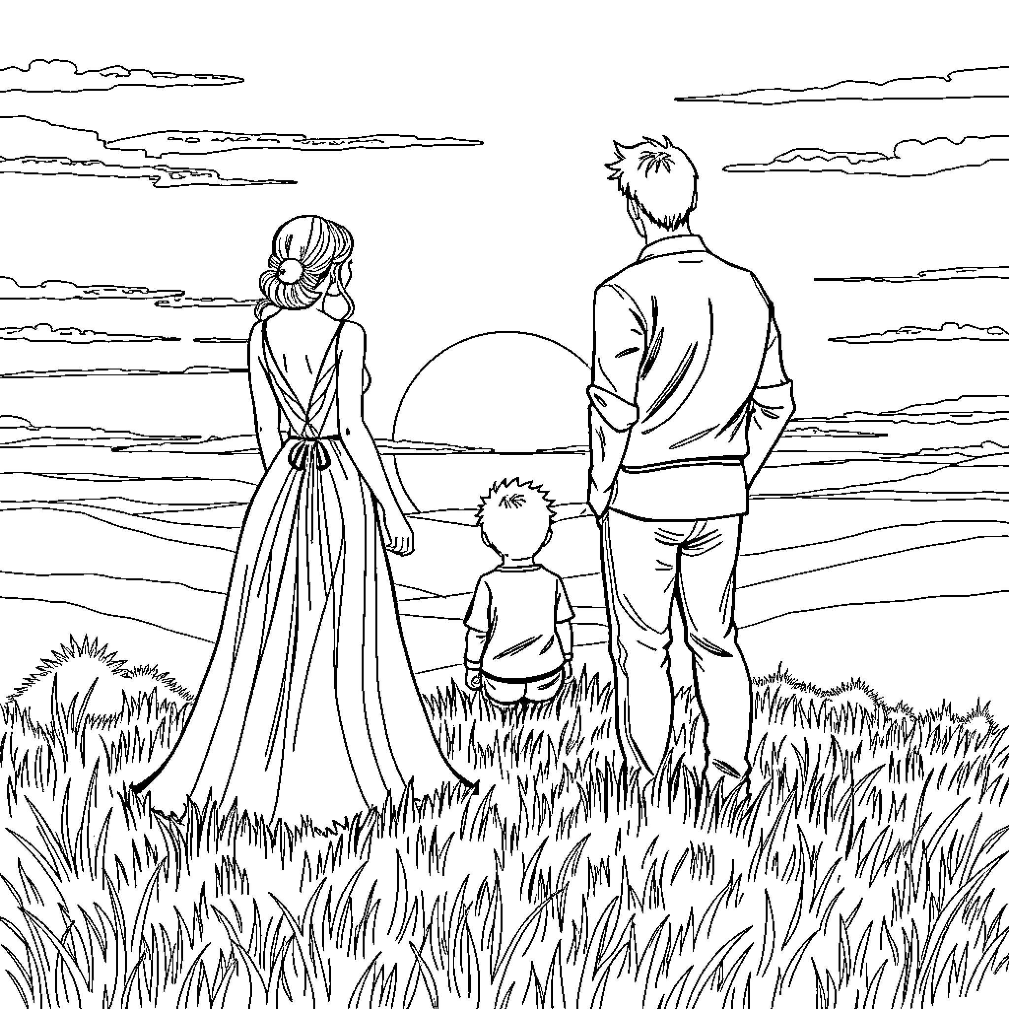 Family enjoying sunset in nature Coloring Page (free black-and-white line drawing printable PDF for all, from beginners to advanced learners, including children, teens, adults, and seniors)