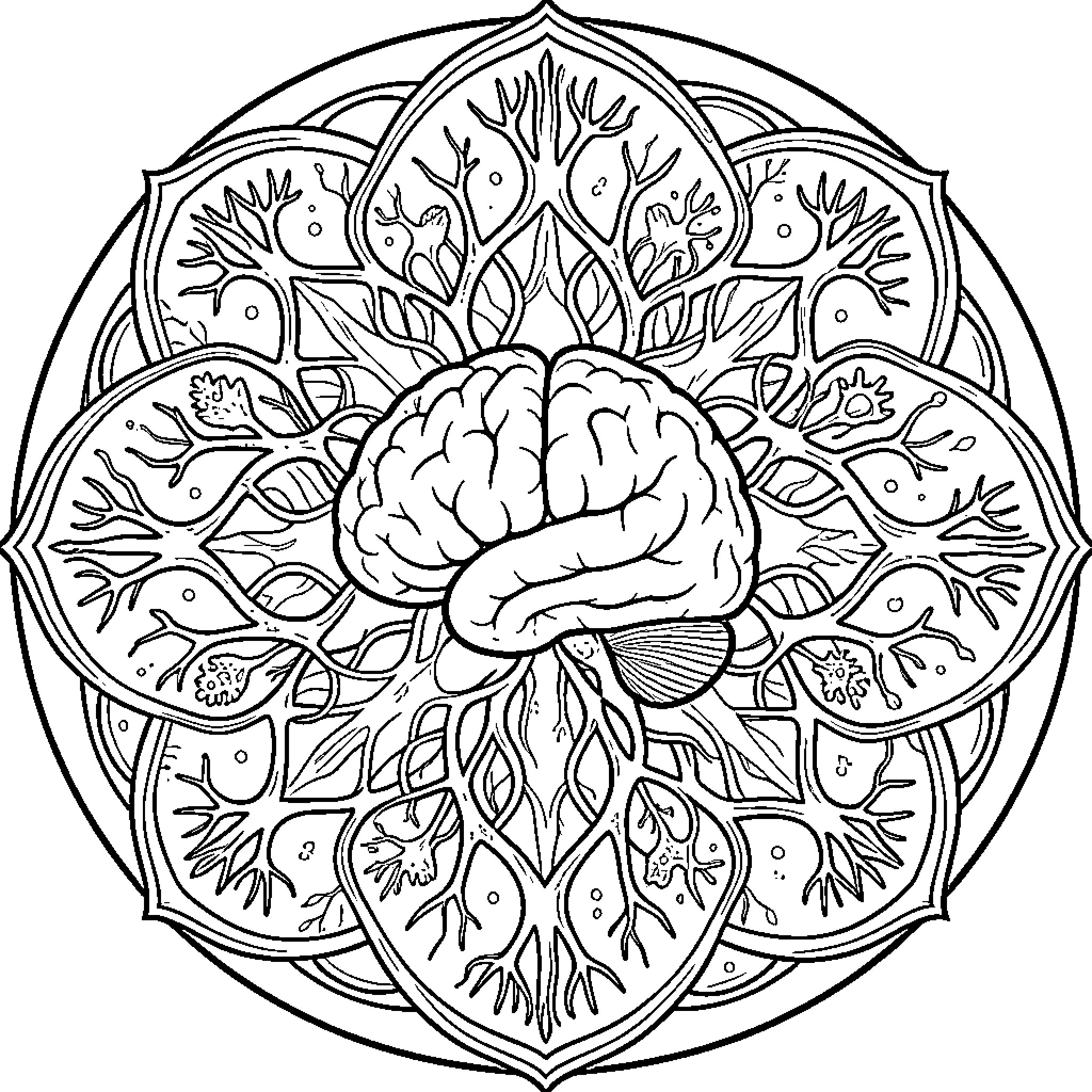 Neuron Mandala of the Human Brain Coloring Page (free black-and-white line drawing printable PDF for all, from beginners to advanced learners, including children, teens, adults, and seniors)