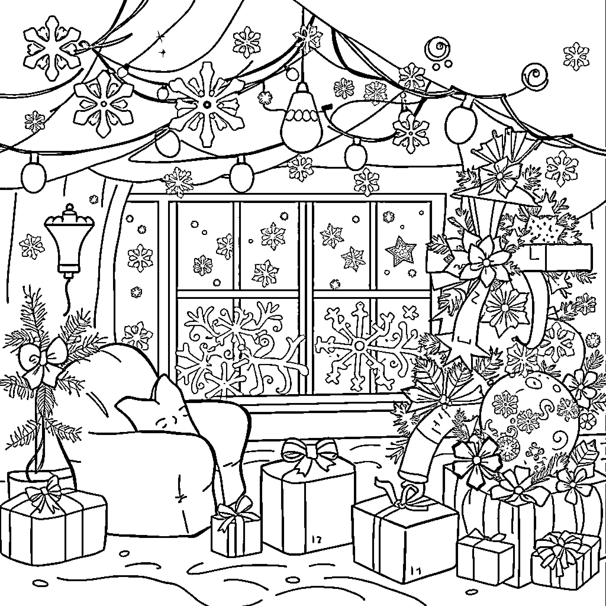 Christmas Decorations and Presents in a Cozy Room Coloring Page (free black-and-white line drawing printable PDF for all, from beginners to advanced learners, including children, teens, adults, and seniors)