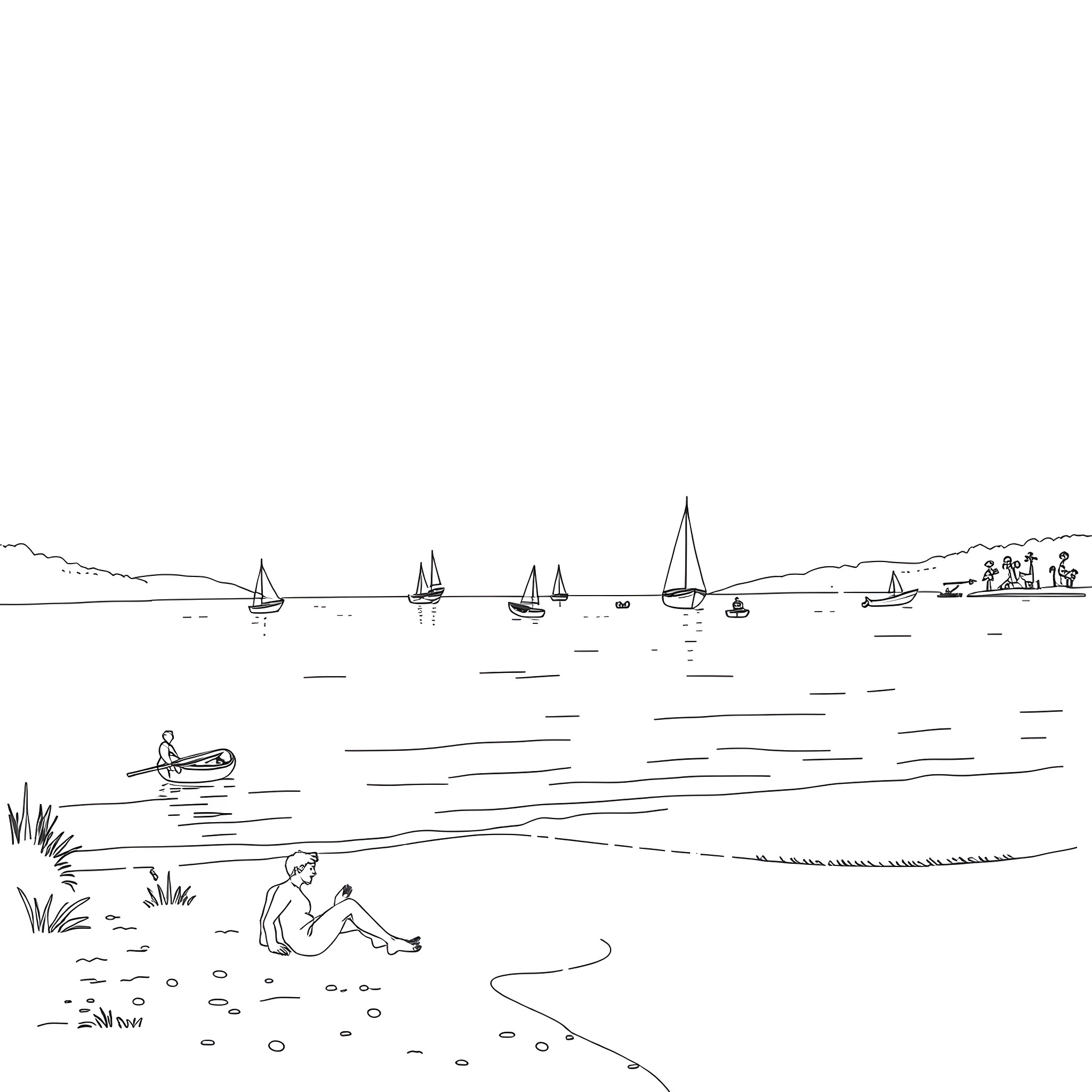 Boat scene with people enjoying water activities Coloring Page (free black-and-white line drawing printable PDF for all, from beginners to advanced learners, including children, teens, adults, and seniors)