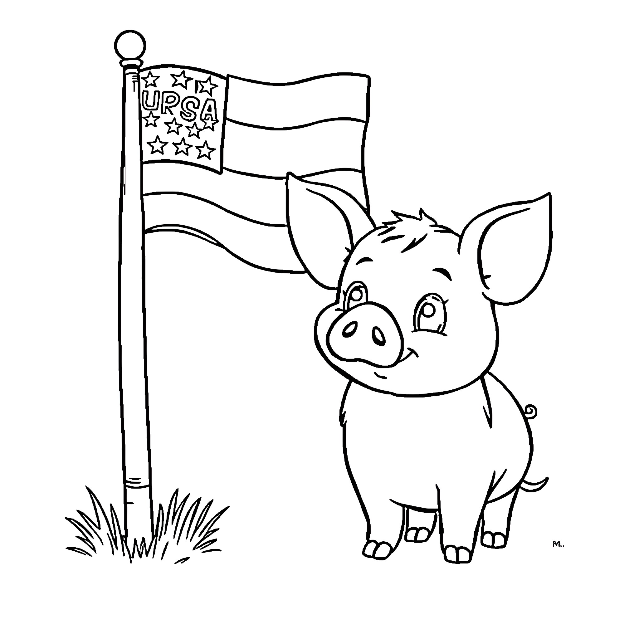 Pig waving USA flag with stars Coloring Page (free black-and-white line drawing printable PDF for all, from beginners to advanced learners, including children, teens, adults, and seniors)