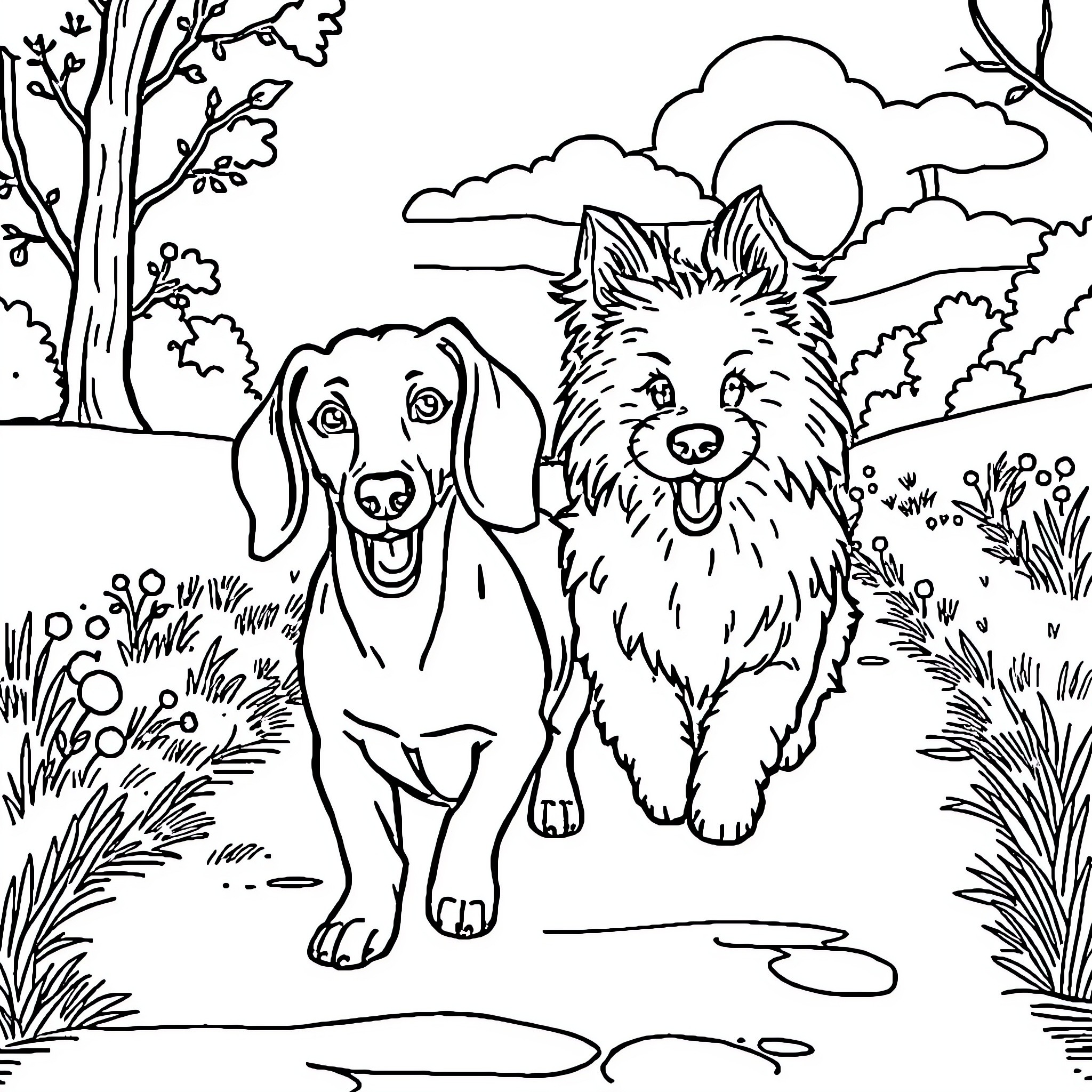 Dog friends playing outdoors in nature Coloring Page (free black-and-white line drawing printable PDF for all, from beginners to advanced learners, including children, teens, adults, and seniors)