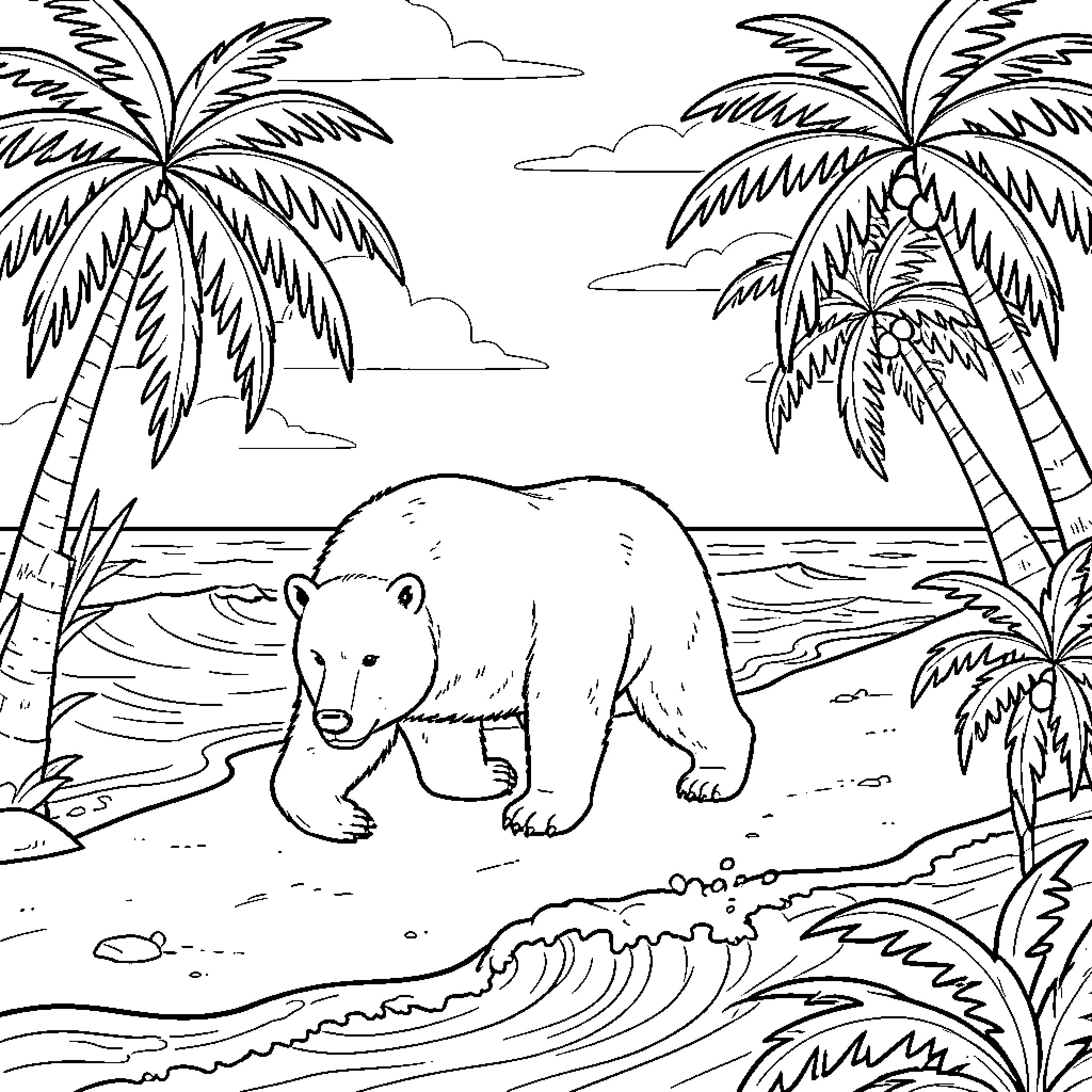 Polar Bear walking along a tropical beach Coloring Page (free black-and-white line drawing printable PDF for all, from beginners to advanced learners, including children, teens, adults, and seniors)