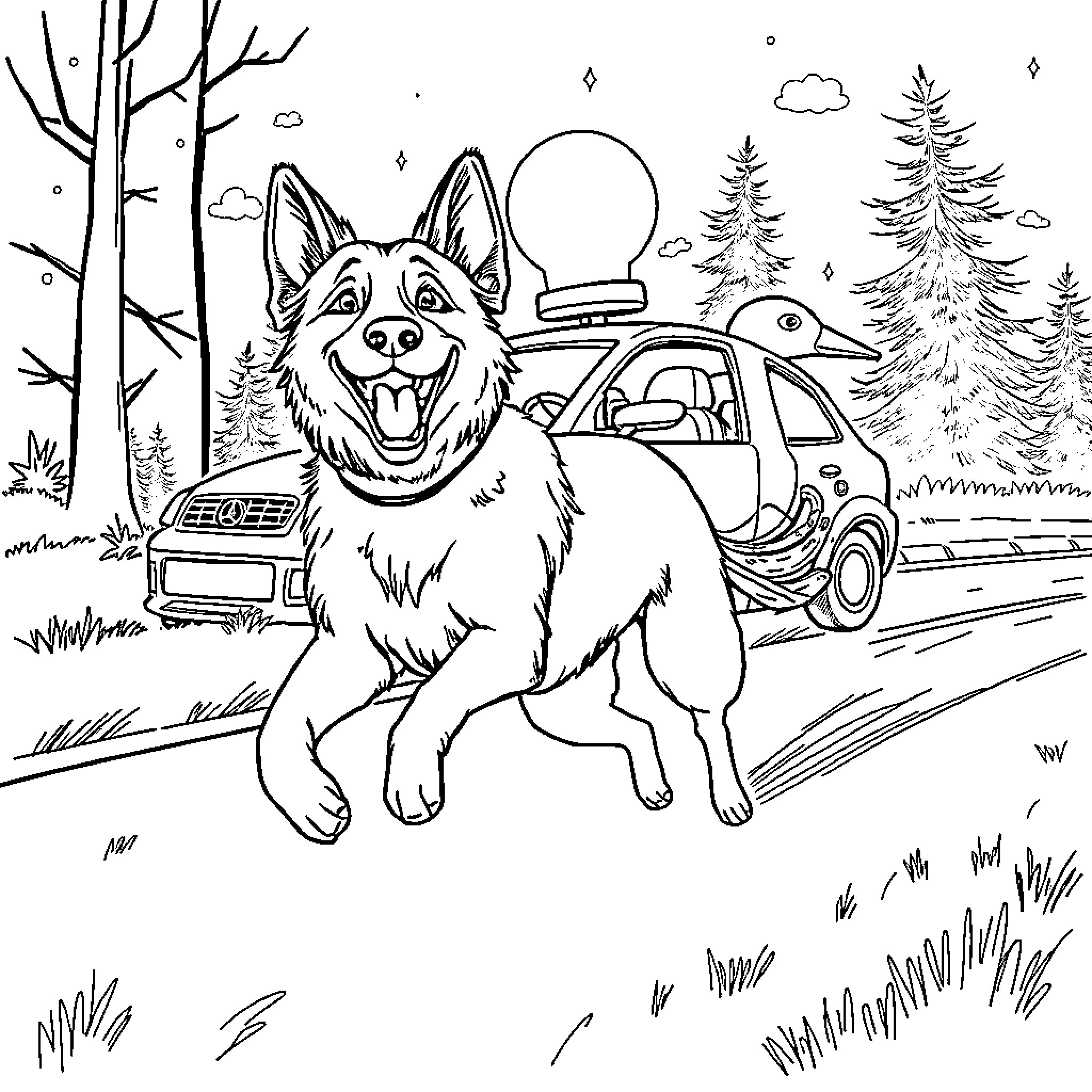 Chien jouant joyeusement dans la forêt Coloring Page (free black-and-white line drawing printable PDF for all, from beginners to advanced learners, including children, teens, adults, and seniors)