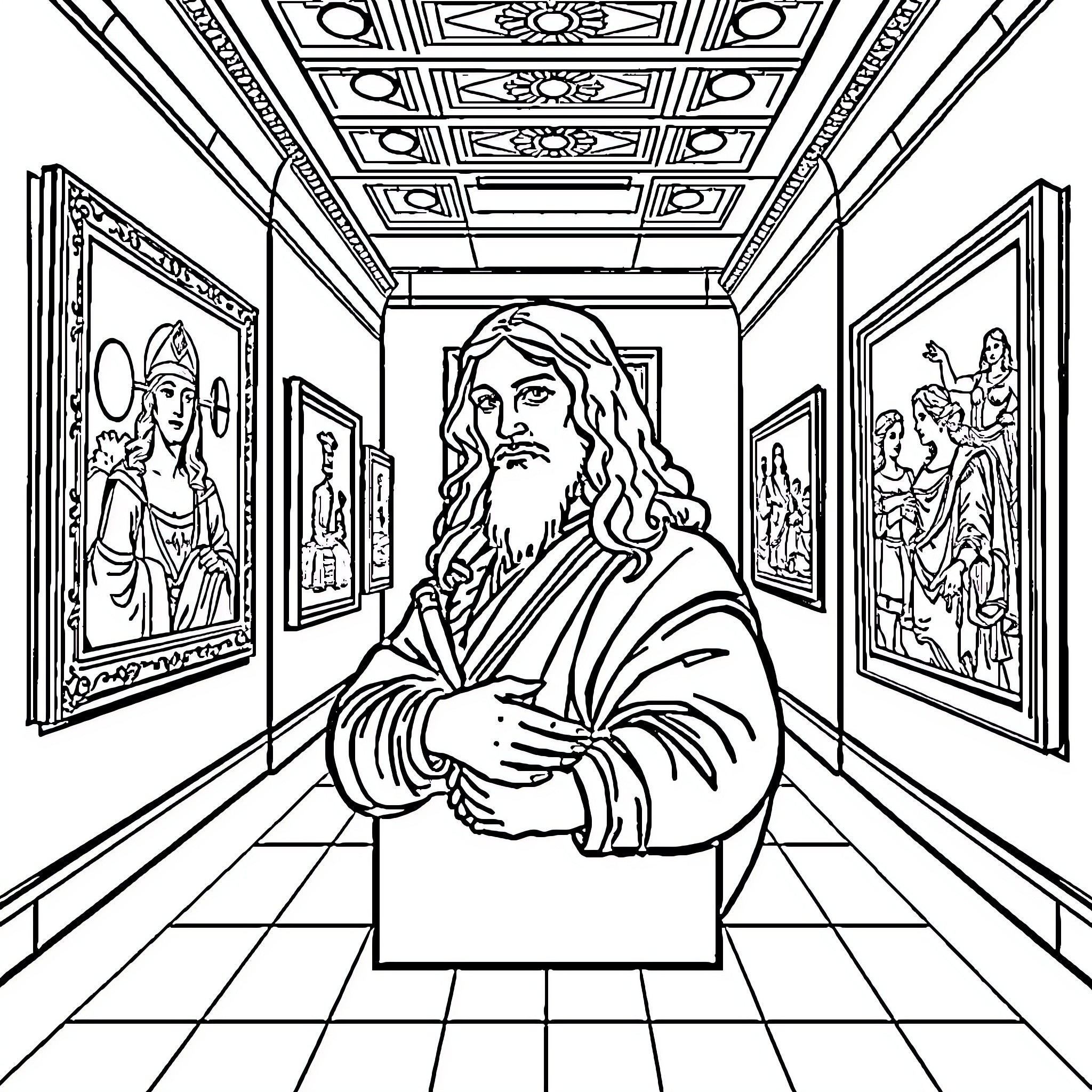 Da Vinci's Artwork Exhibit: Figures in Elegant Attire Coloring Page (free black-and-white line drawing printable PDF for all, from beginners to advanced learners, including children, teens, adults, and seniors)