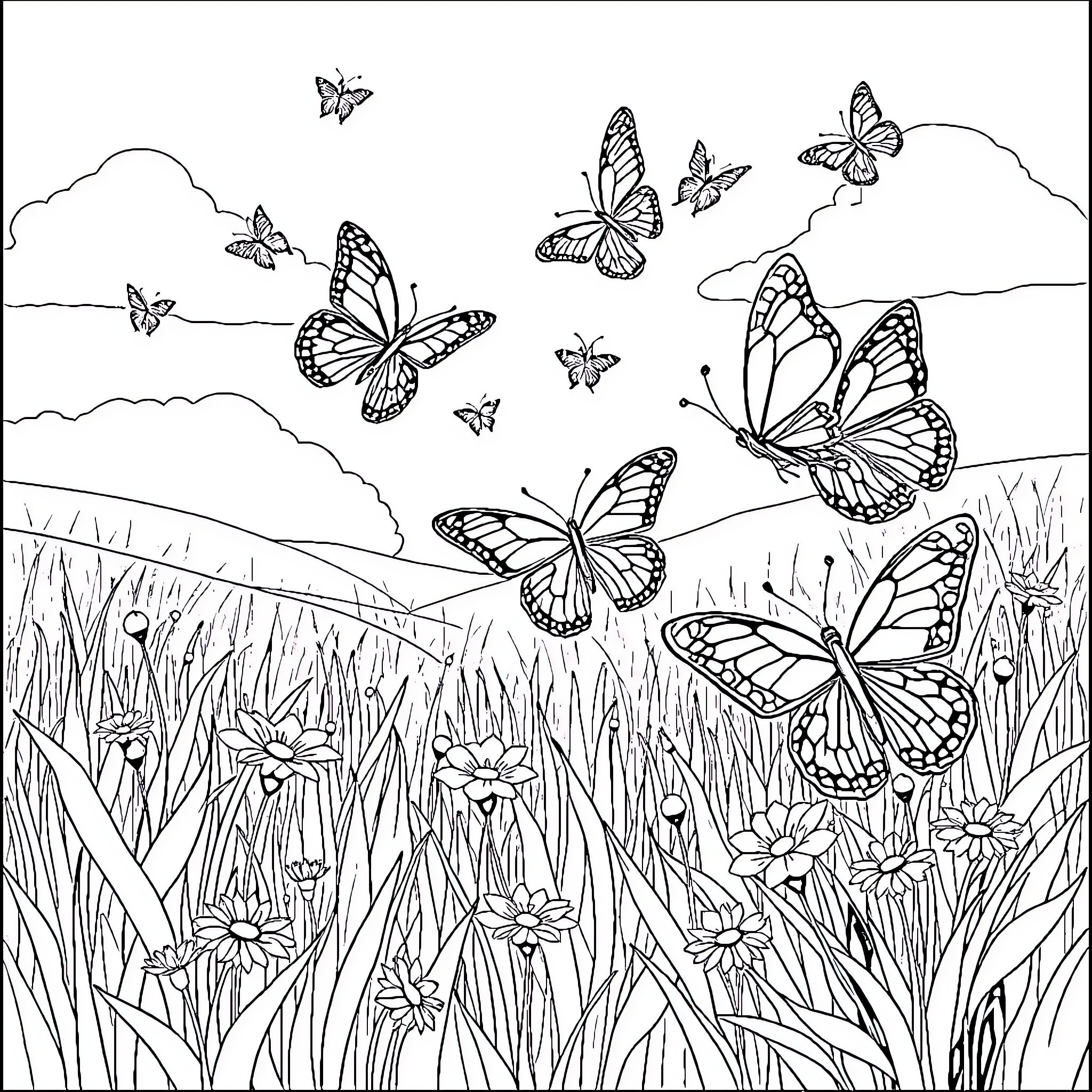 Butterfly Dance in the Meadow Coloring Page (free black-and-white line drawing printable PDF for all, from beginners to advanced learners, including children, teens, adults, and seniors)