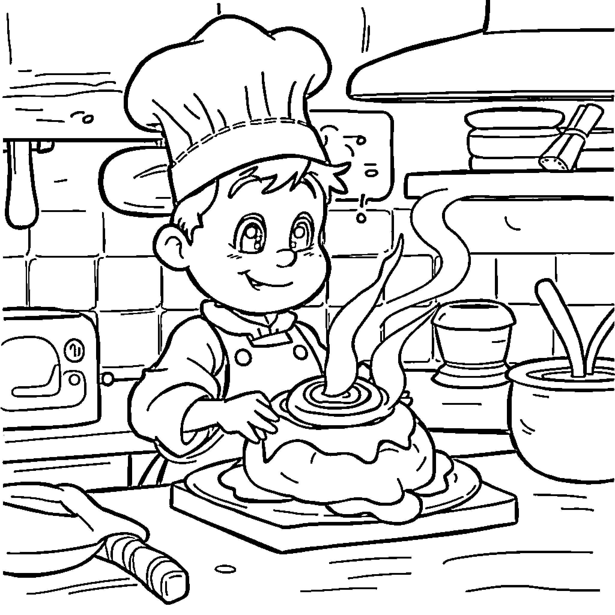 Chef creating a delightful dish in the kitchen Coloring Page (free black-and-white line drawing printable PDF for all, from beginners to advanced learners, including children, teens, adults, and seniors)