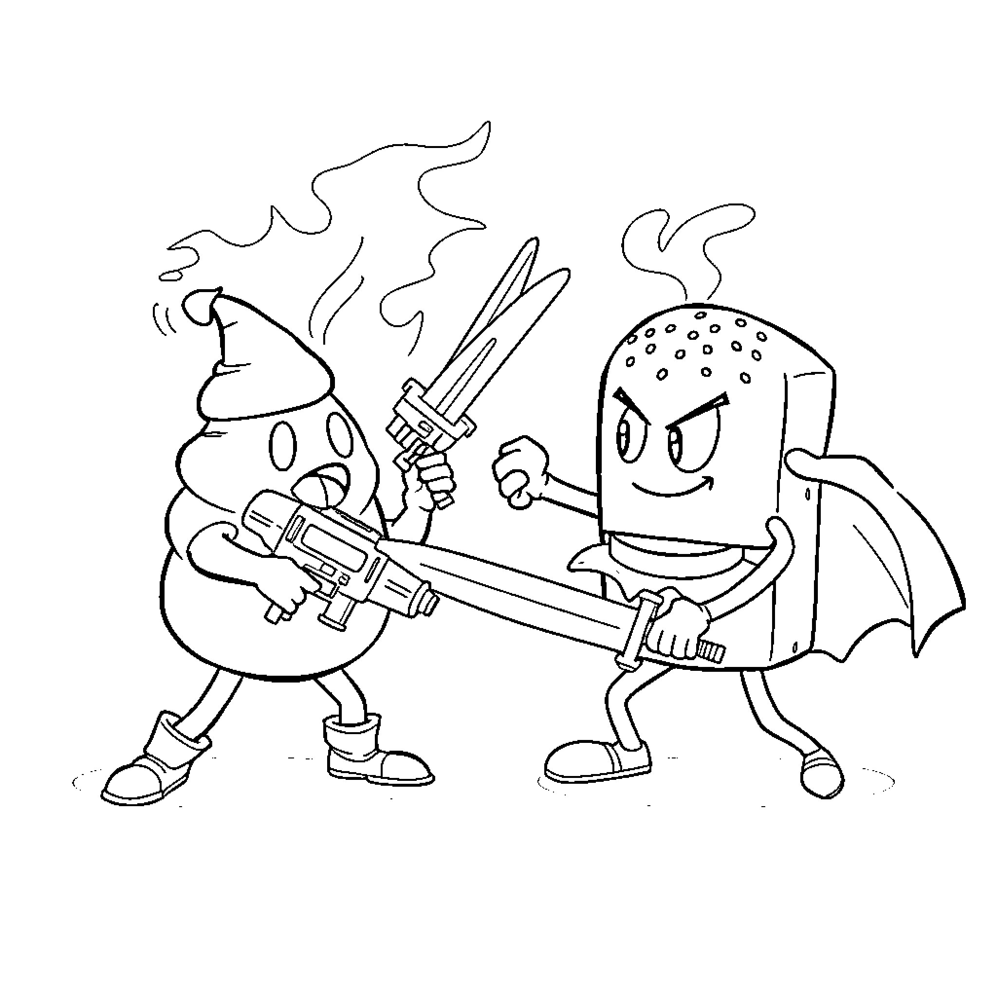Cheeseburger characters engaging in battle with weapons Coloring Page (free black-and-white line drawing printable PDF for all, from beginners to advanced learners, including children, teens, adults, and seniors)
