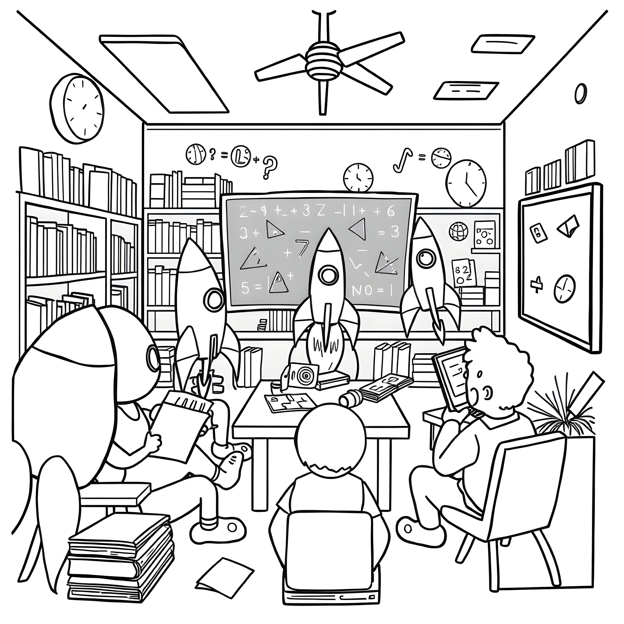 Rocket Launching Preparations in Classroom Coloring Page (free black-and-white line drawing printable PDF for all, from beginners to advanced learners, including children, teens, adults, and seniors)