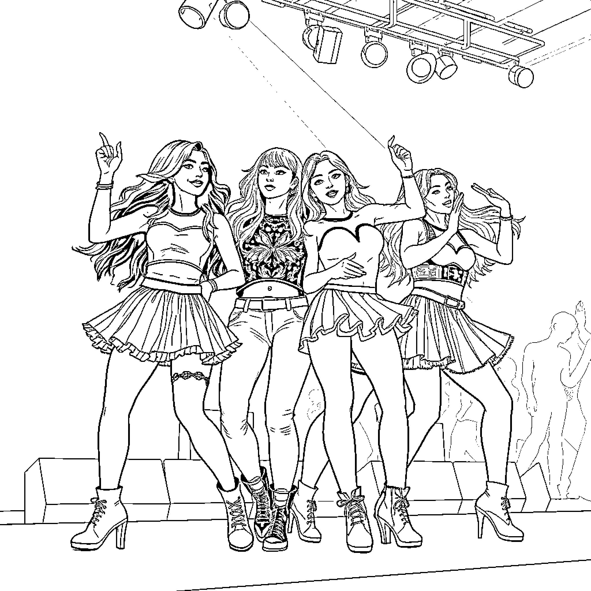 K-Pop Warriors in Empowered Poses on Stage Coloring Page (free black-and-white line drawing printable PDF for all, from beginners to advanced learners, including children, teens, adults, and seniors)