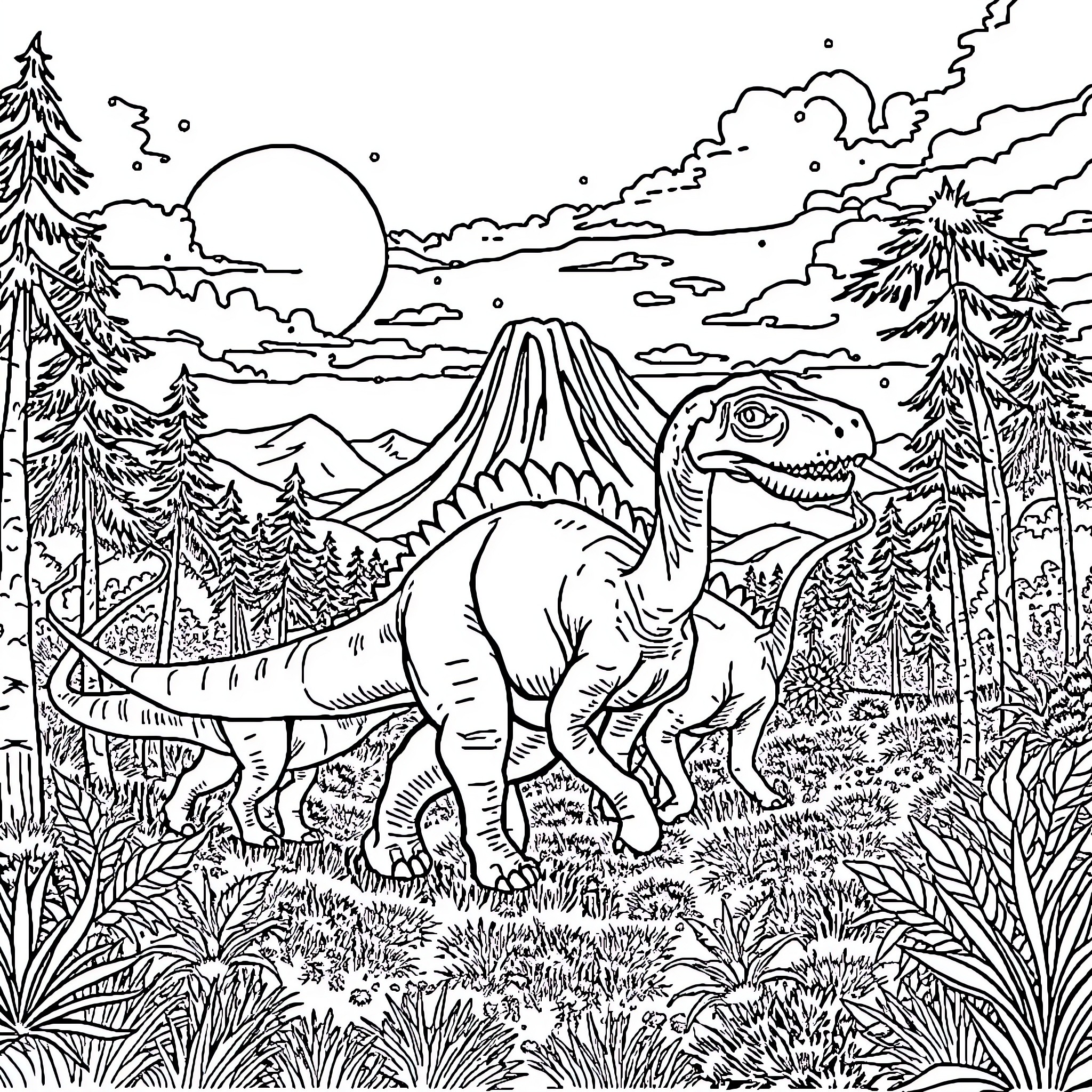 Dinosaur wandering in the prehistoric landscape Coloring Page (free black-and-white line drawing printable PDF for all, from beginners to advanced learners, including children, teens, adults, and seniors)