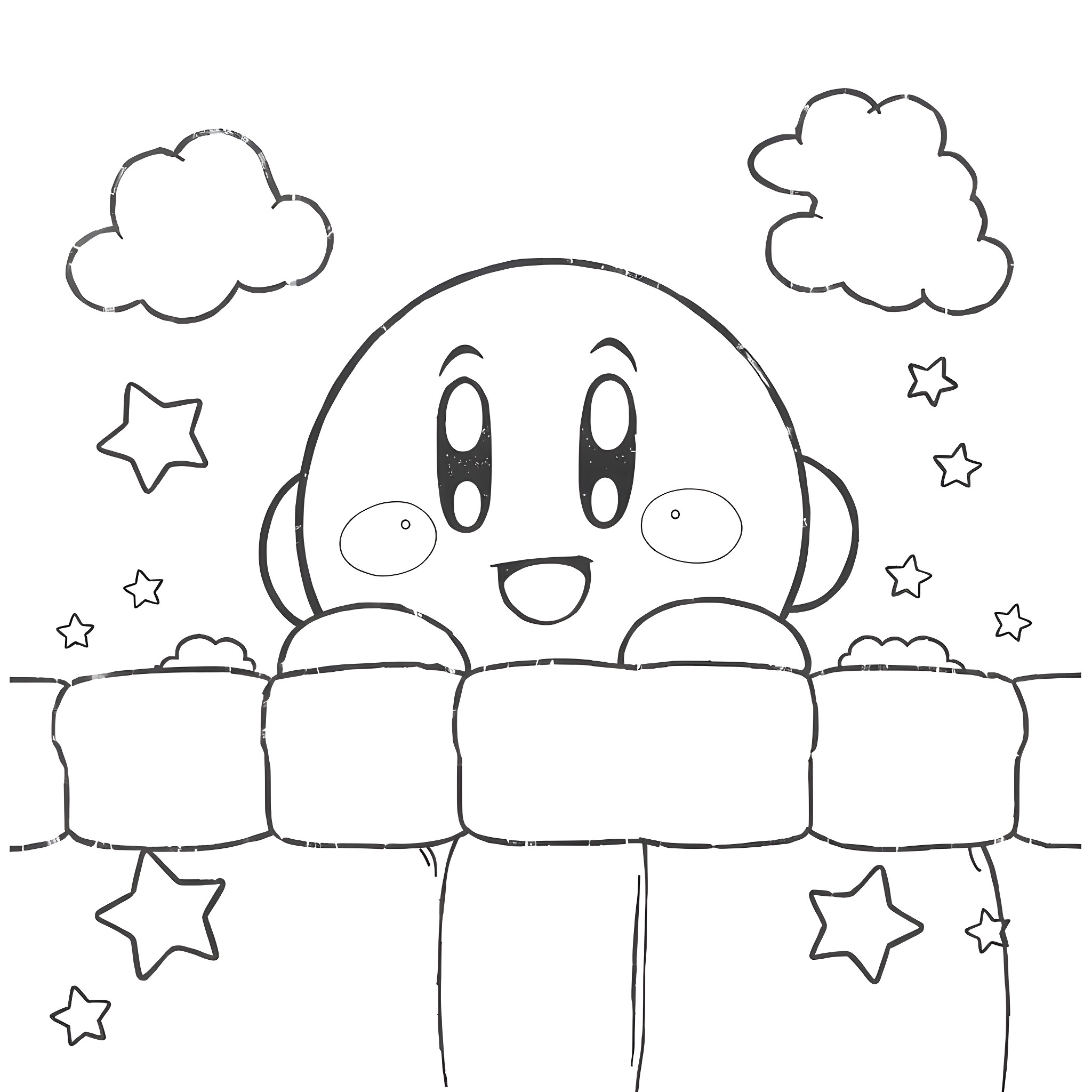 Kirby enjoying a starry night sky Coloring Page (free black-and-white line drawing printable PDF for all, from beginners to advanced learners, including children, teens, adults, and seniors)