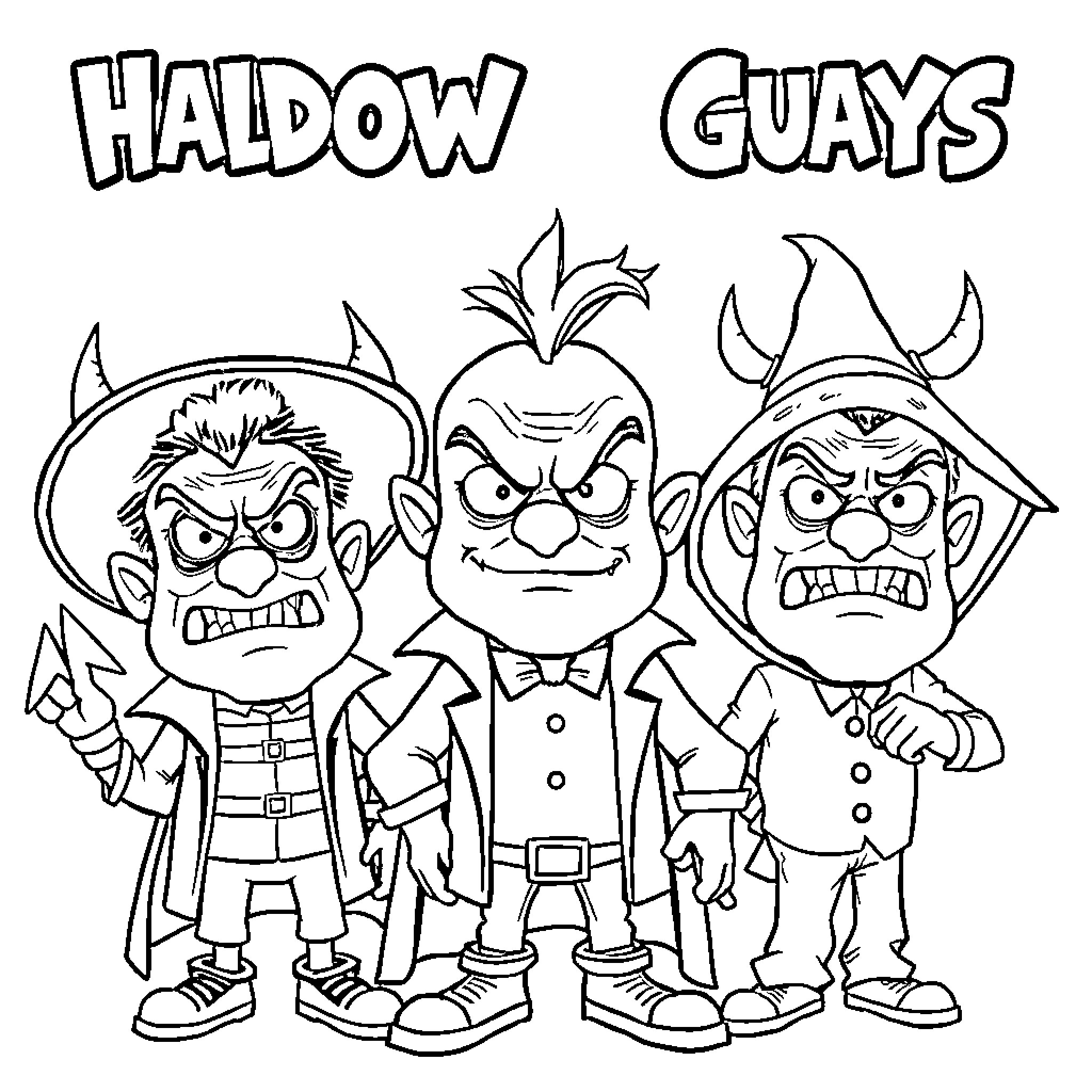 Villain Trio with Menacing Expressions and Outfits Coloring Page (free black-and-white line drawing printable PDF for all, from beginners to advanced learners, including children, teens, adults, and seniors)