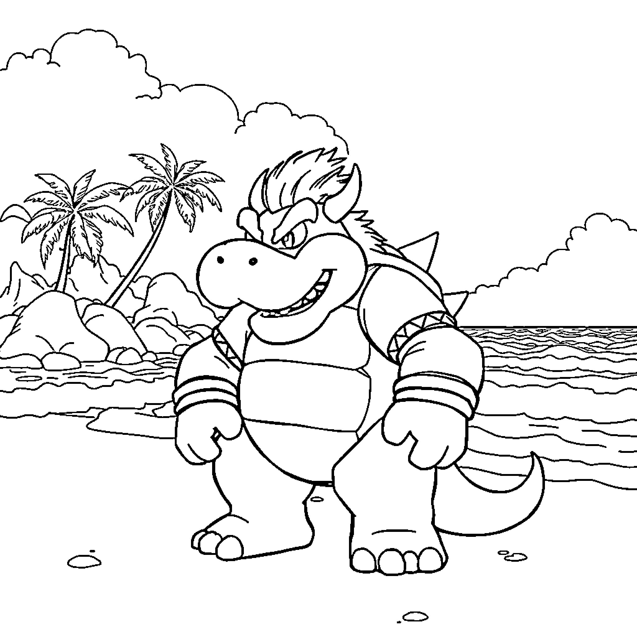 Bowser relaxing on a tropical beach Coloring Page (free black-and-white line drawing printable PDF for all, from beginners to advanced learners, including children, teens, adults, and seniors)