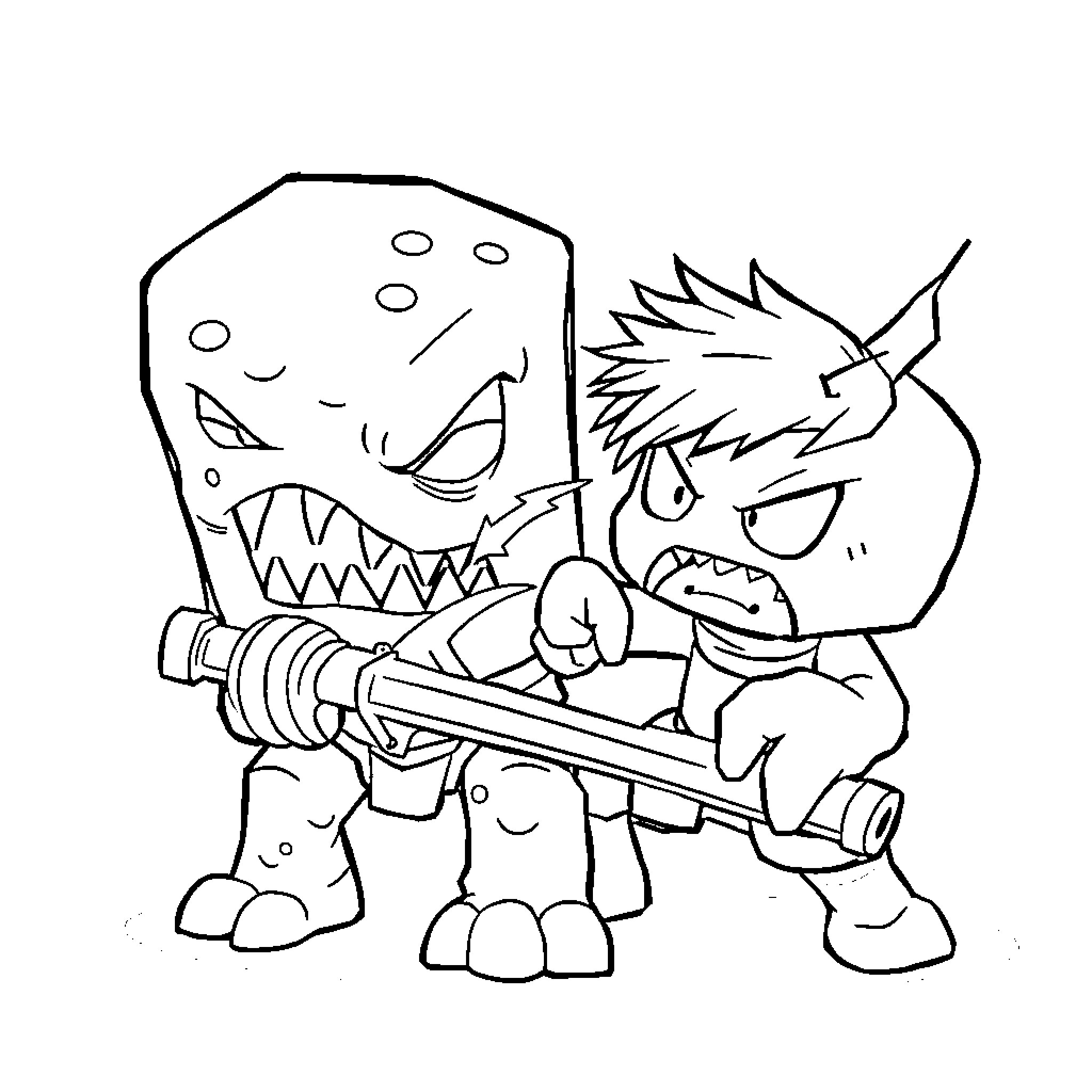 Wojan monsters fighting with weapons Coloring Page (free black-and-white line drawing printable PDF for all, from beginners to advanced learners, including children, teens, adults, and seniors)