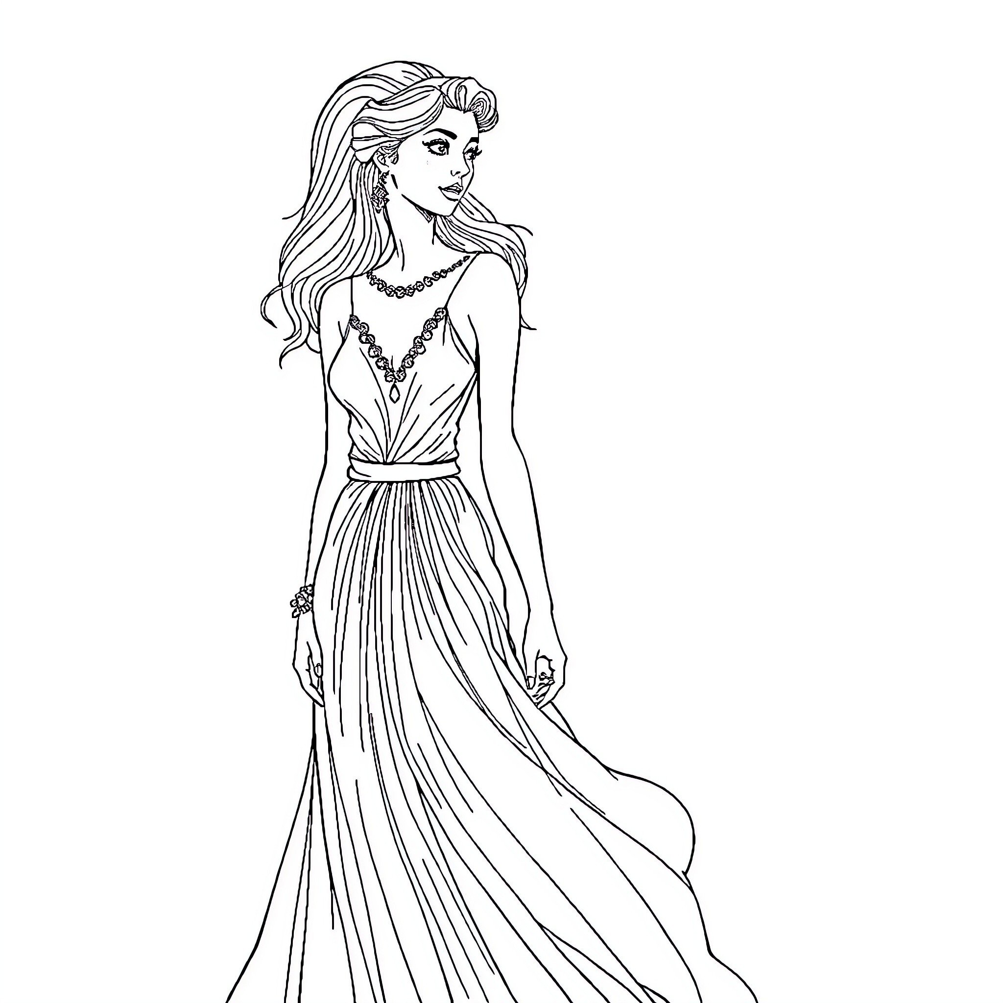 Young Woman in Elegant Evening Gown Coloring Page (free black-and-white line drawing printable PDF for all, from beginners to advanced learners, including children, teens, adults, and seniors)