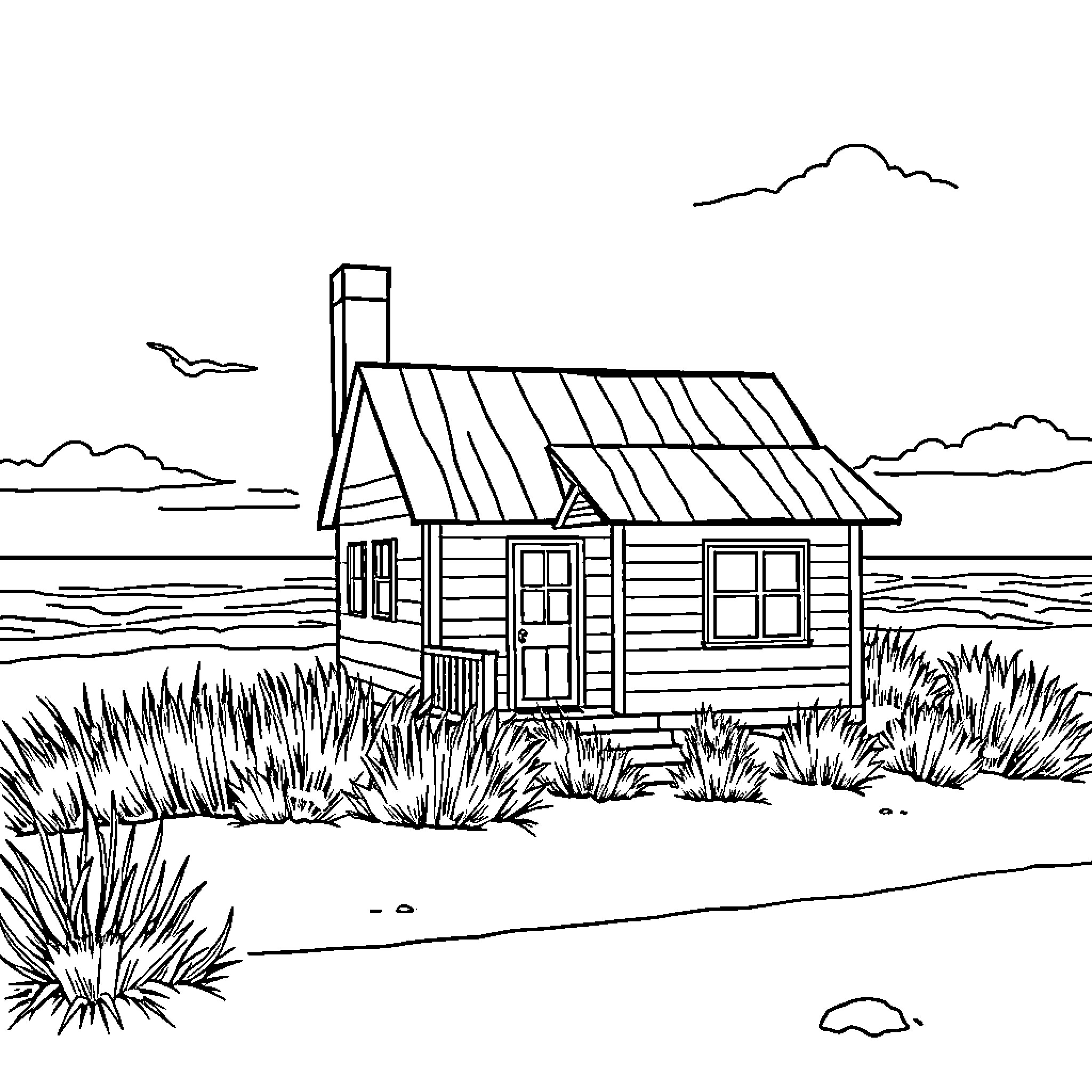House by the lake in nature Coloring Page (free black-and-white line drawing printable PDF for all, from beginners to advanced learners, including children, teens, adults, and seniors)