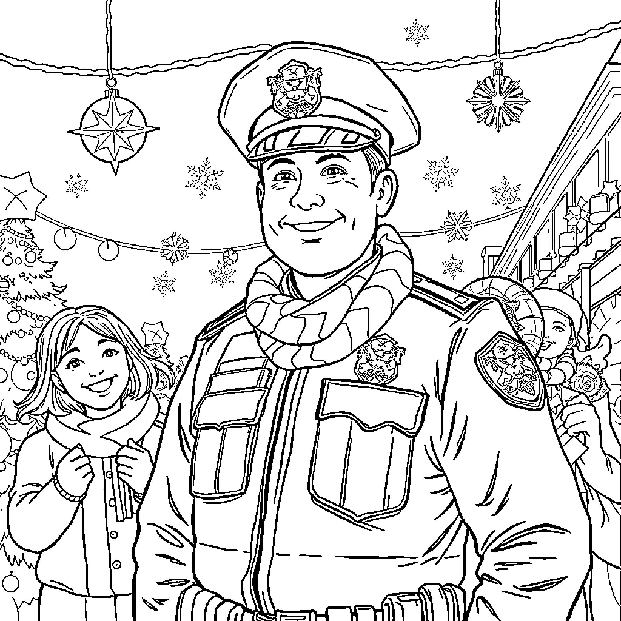 Police Officer Spreading Holiday Cheer Coloring Page (free black-and-white line drawing printable PDF for all, from beginners to advanced learners, including children, teens, adults, and seniors)