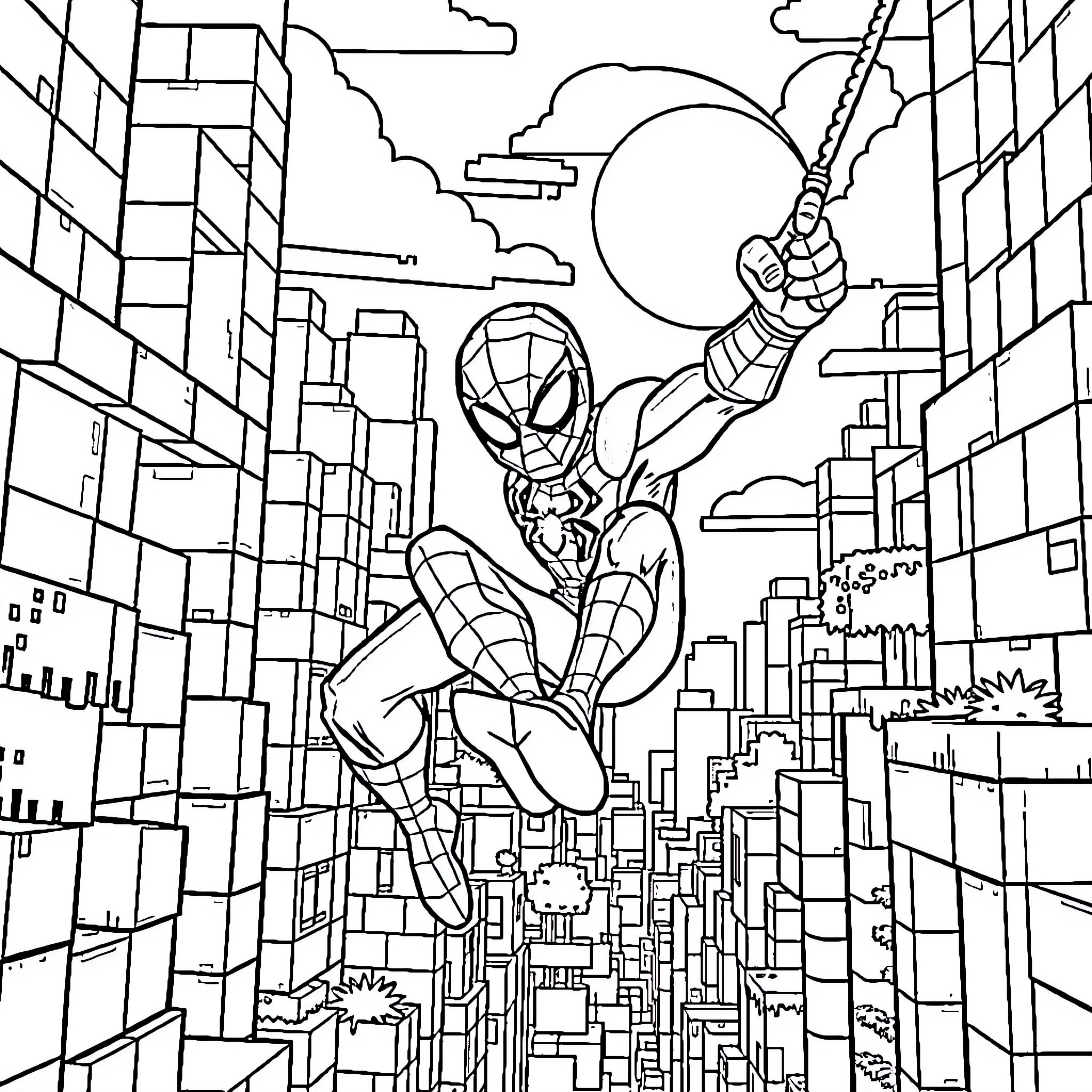 Spiderman swinging through the city skyline Coloring Page (free black-and-white line drawing printable PDF for all, from beginners to advanced learners, including children, teens, adults, and seniors)