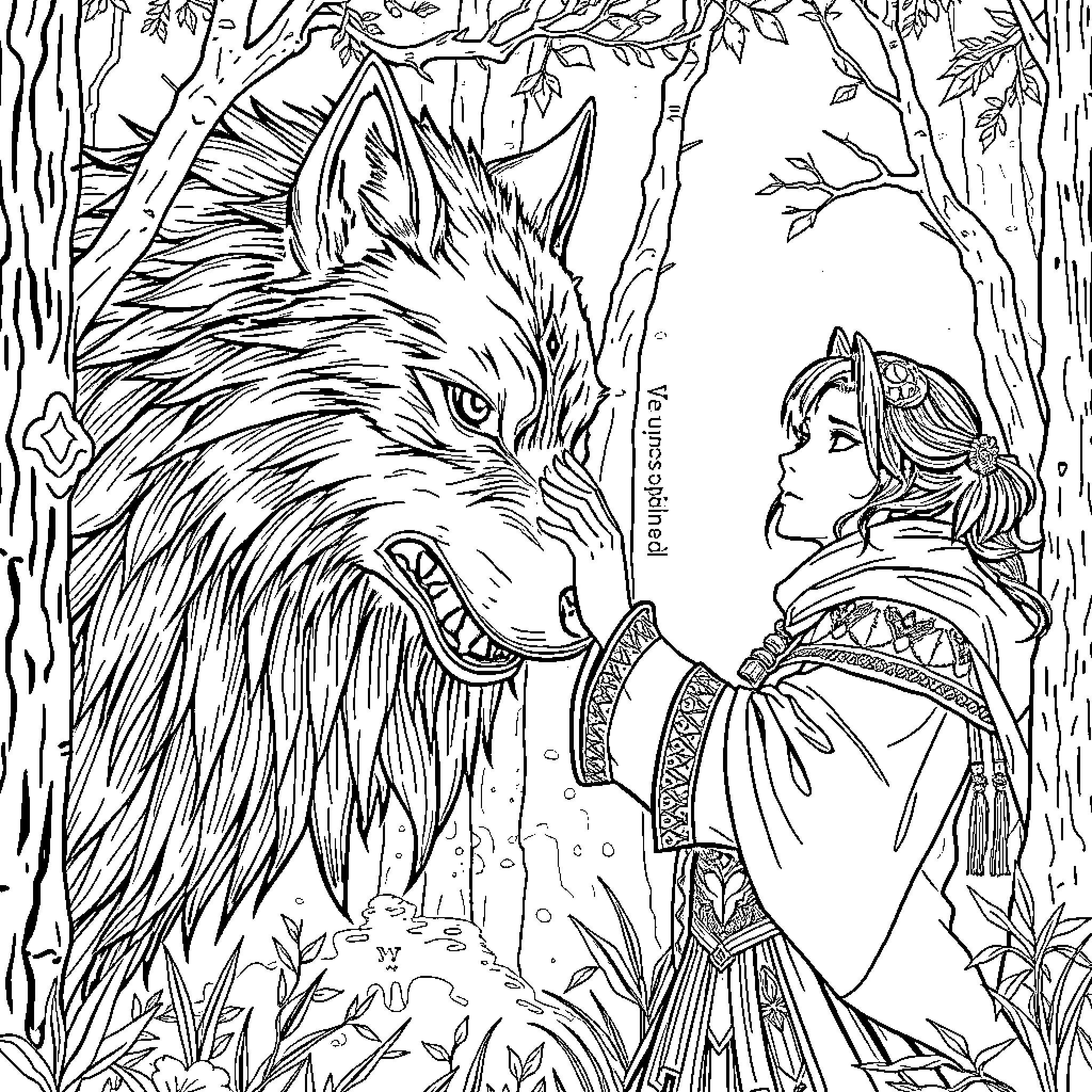 Rumi encounters the majestic wolf in the enchanted forest Coloring Page (free black-and-white line drawing printable PDF for all, from beginners to advanced learners, including children, teens, adults, and seniors)
