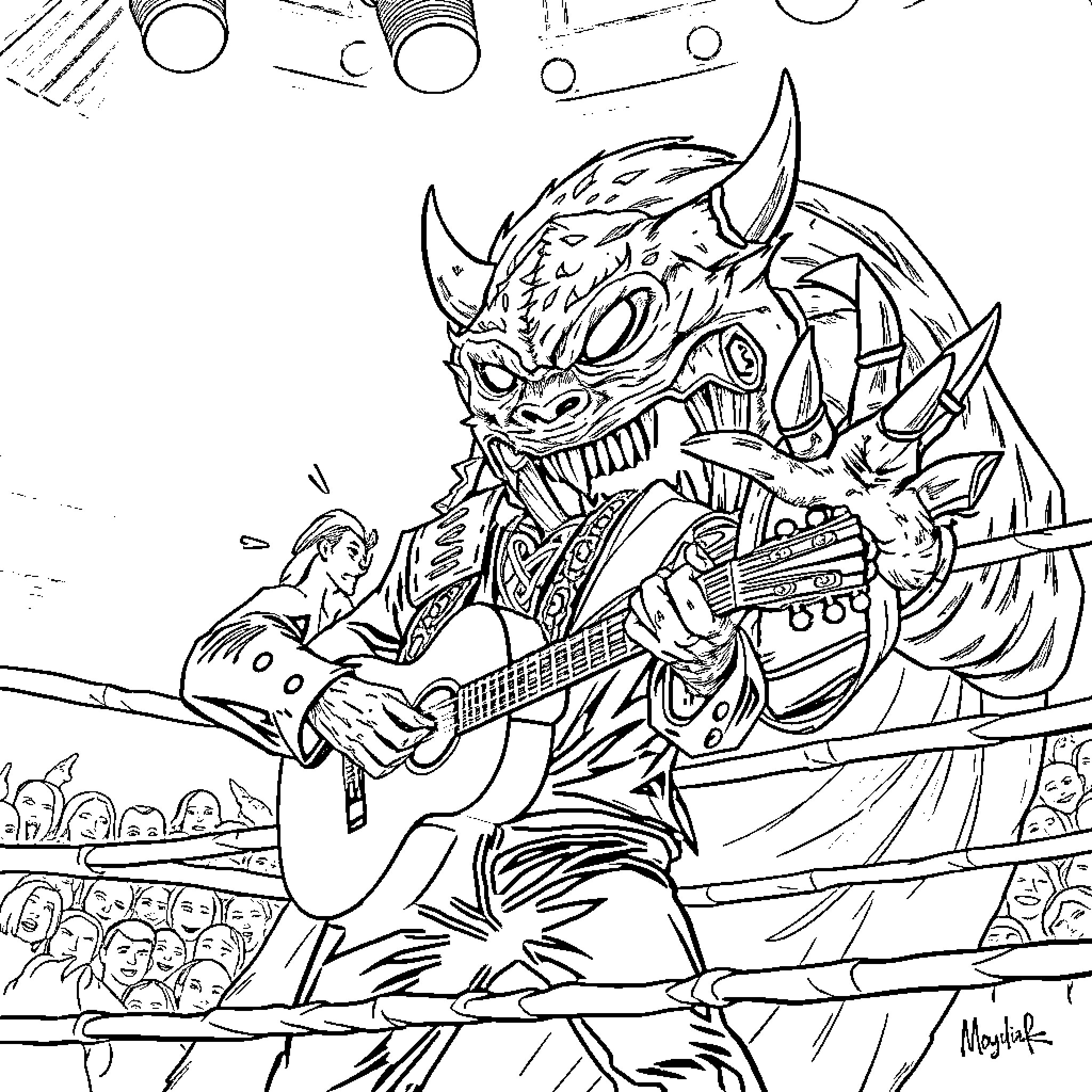 Willie Nelson performing with a monstrous creature on stage Coloring Page (free black-and-white line drawing printable PDF for all, from beginners to advanced learners, including children, teens, adults, and seniors)