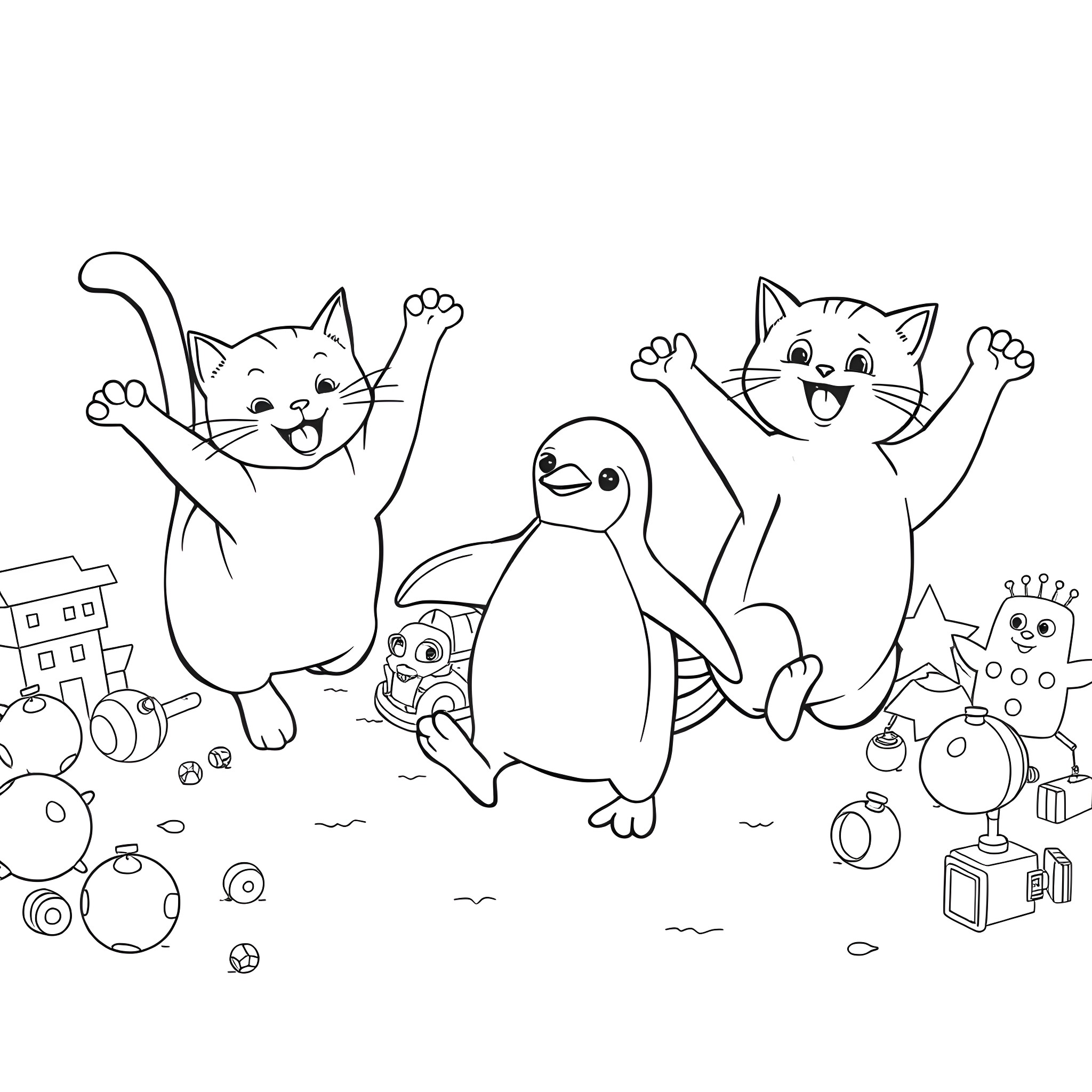 Cats and penguins playing joyfully together Coloring Page (free black-and-white line drawing printable PDF for all, from beginners to advanced learners, including children, teens, adults, and seniors)