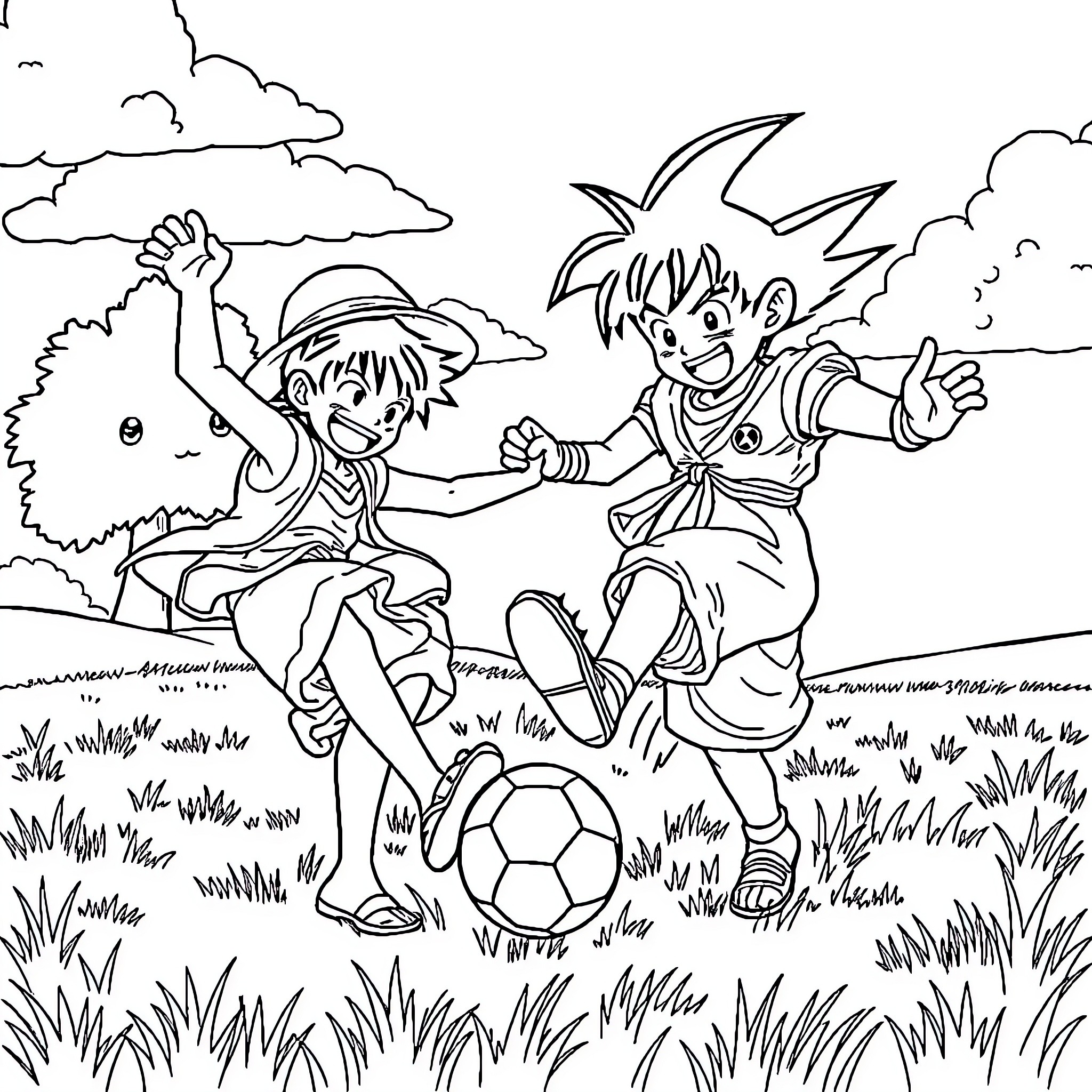 Monkey friends playing soccer in a grassy field Coloring Page (free black-and-white line drawing printable PDF for all, from beginners to advanced learners, including children, teens, adults, and seniors)