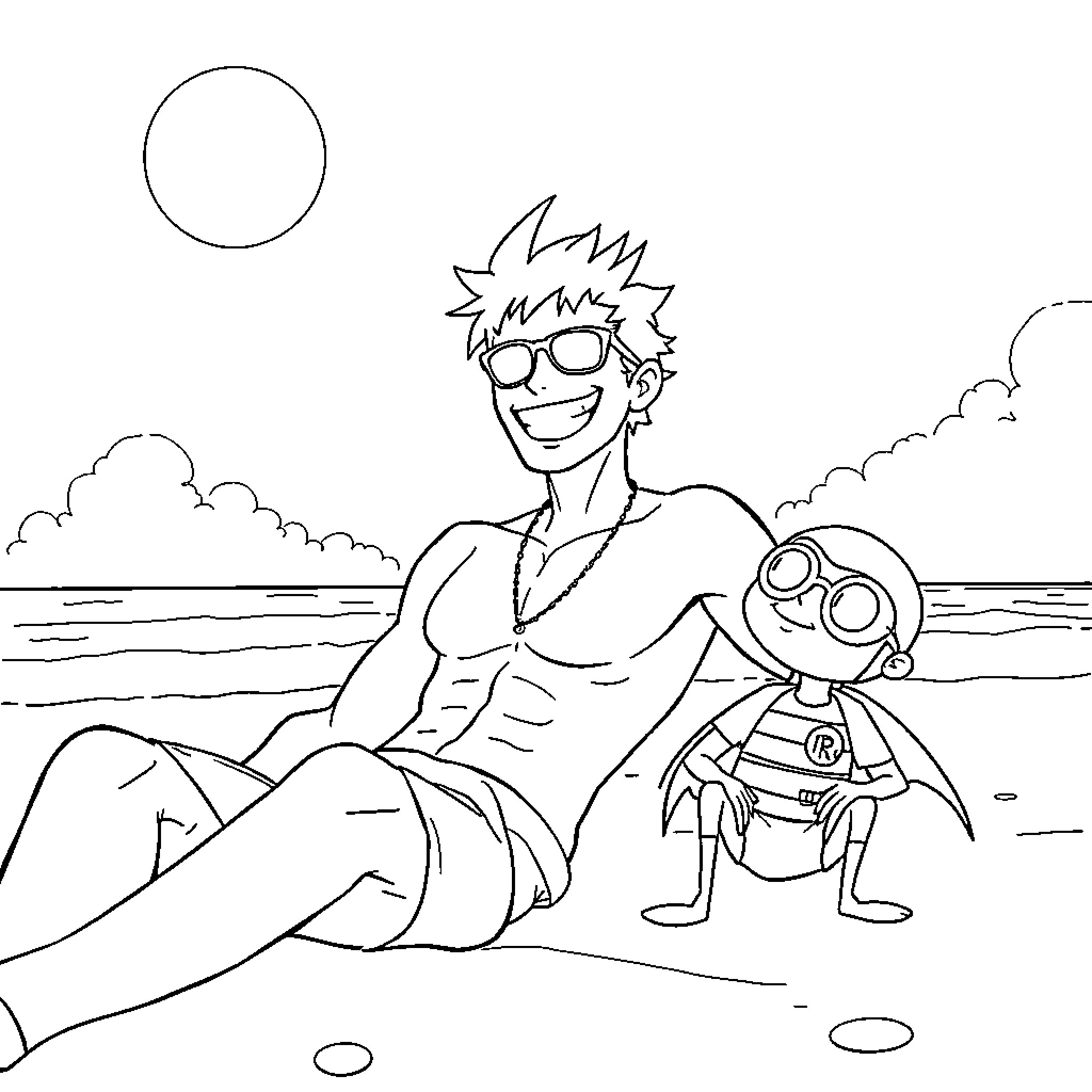 Zoro and his robotic companion relaxing on the beach Coloring Page (free black-and-white line drawing printable PDF for all, from beginners to advanced learners, including children, teens, adults, and seniors)