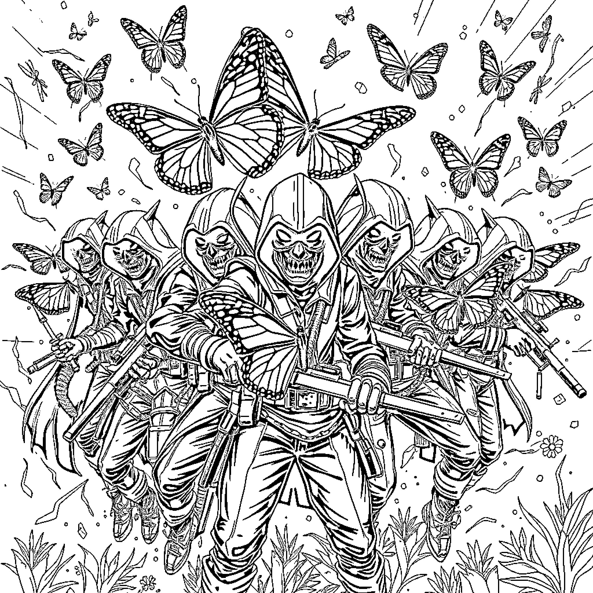 Butterfly Soldiers and Butterflies in Action Coloring Page (free black-and-white line drawing printable PDF for all, from beginners to advanced learners, including children, teens, adults, and seniors)