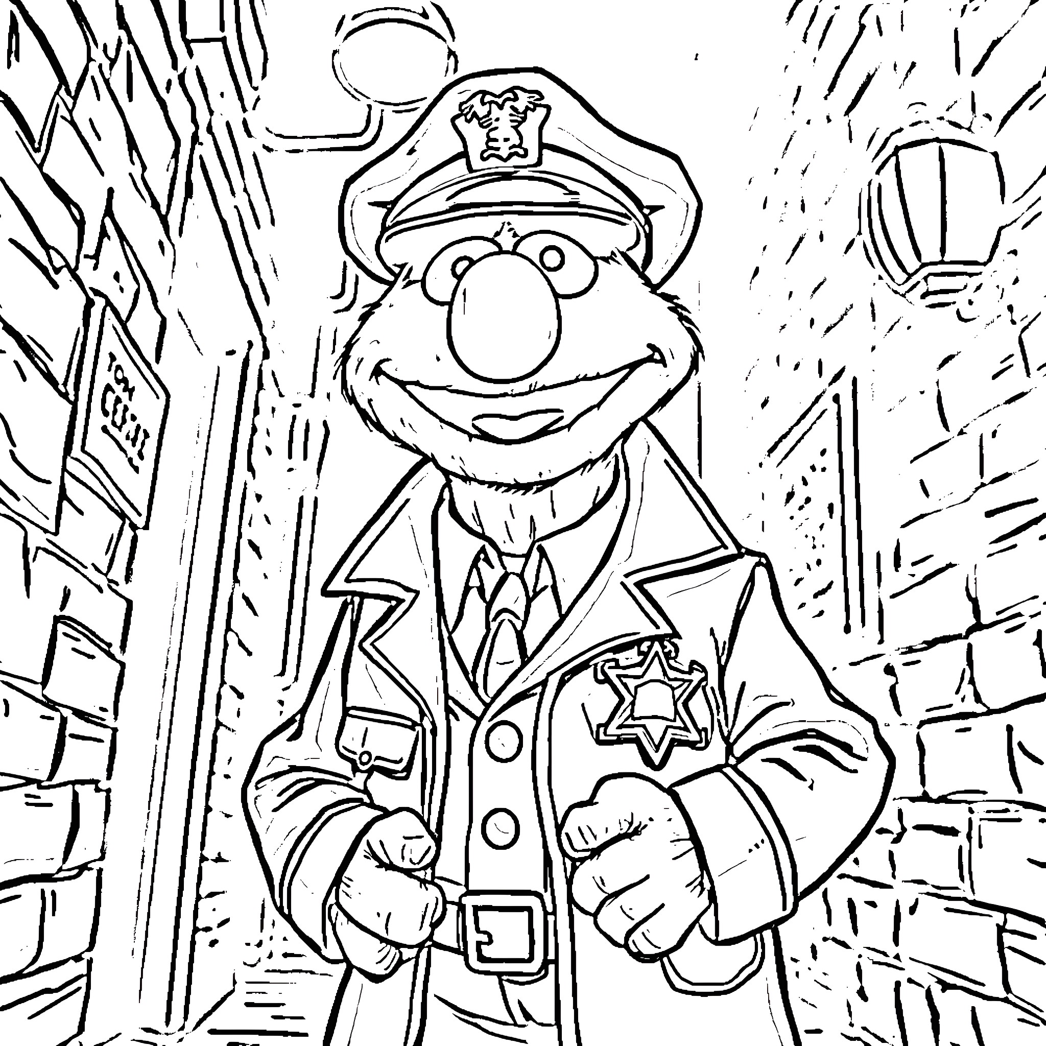 Ernie the Friendly Police Officer Coloring Page (free black-and-white line drawing printable PDF for all, from beginners to advanced learners, including children, teens, adults, and seniors)