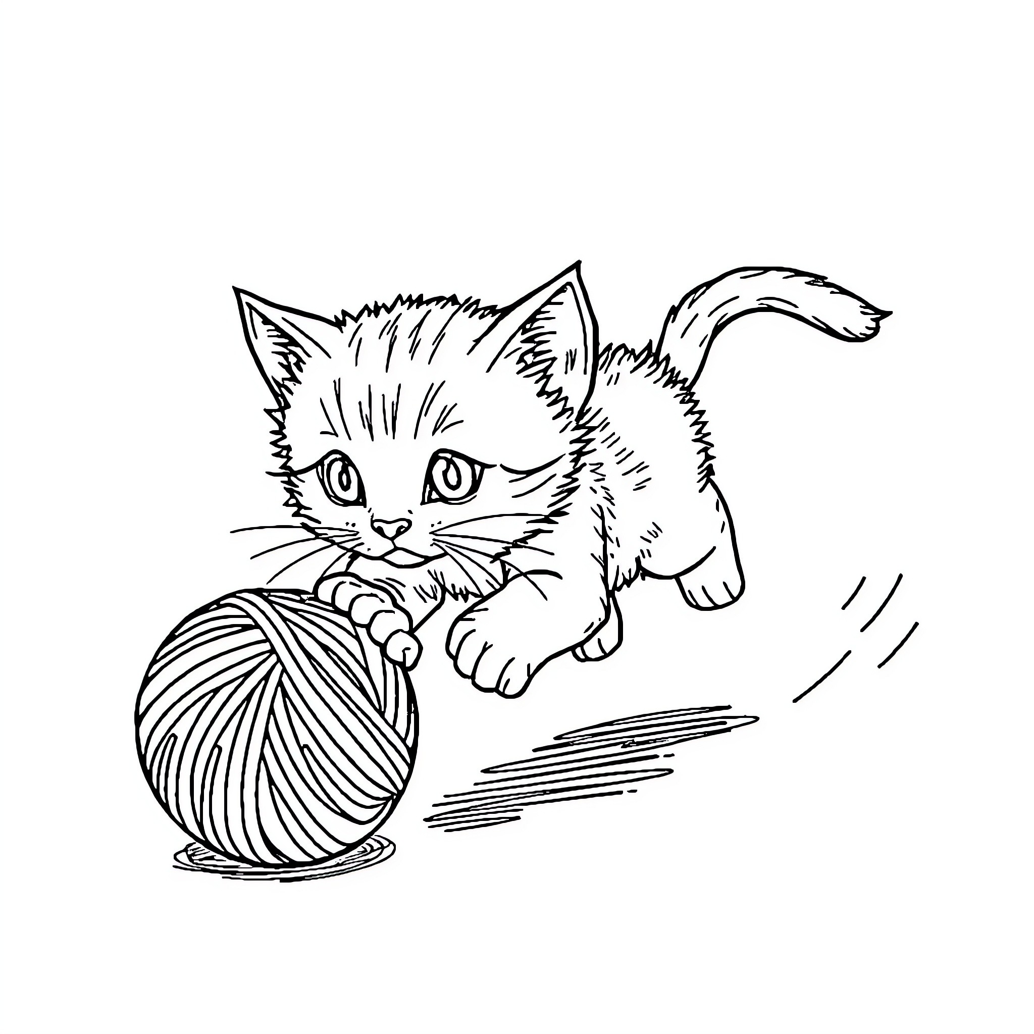Kitten playing with yarn ball Coloring Page (free black-and-white line drawing printable PDF for all, from beginners to advanced learners, including children, teens, adults, and seniors)