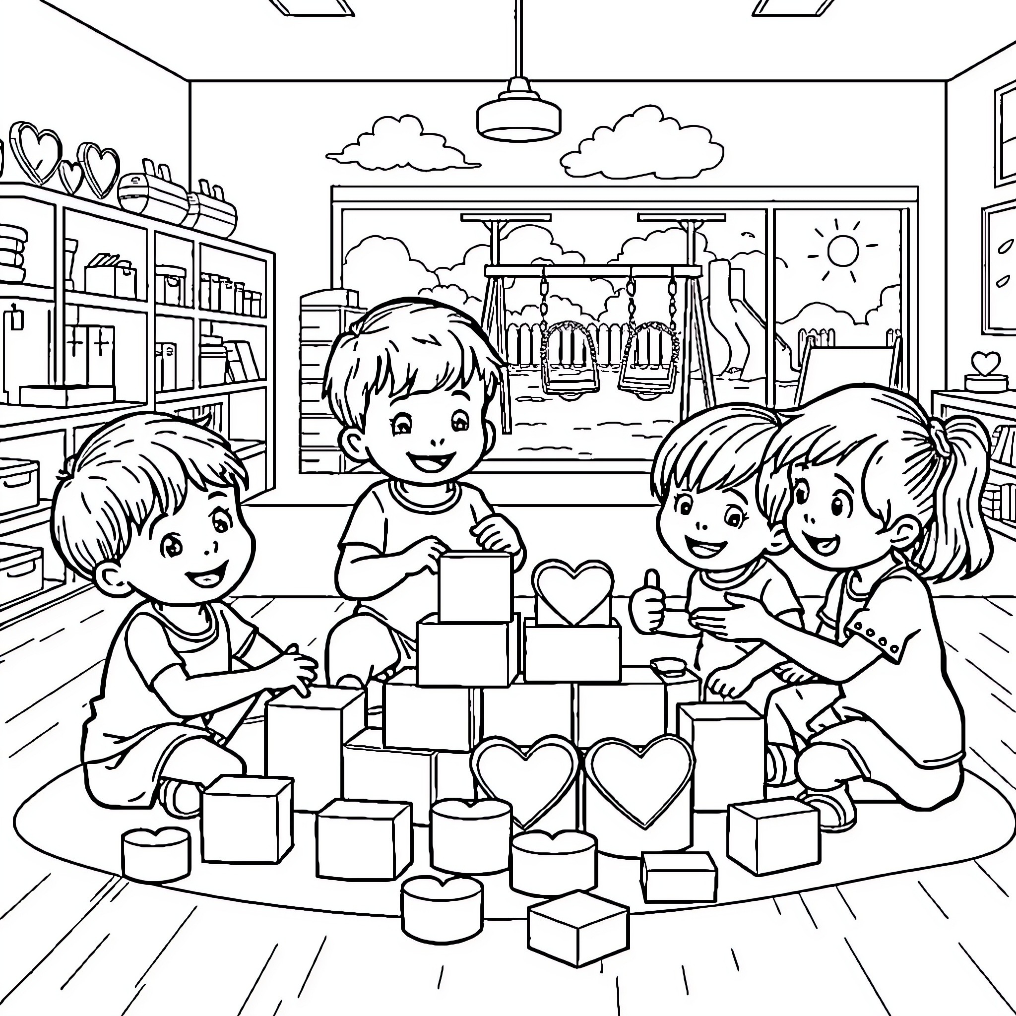 Kids building blocks with hearts in classroom Coloring Page (free black-and-white line drawing printable PDF for all, from beginners to advanced learners, including children, teens, adults, and seniors)