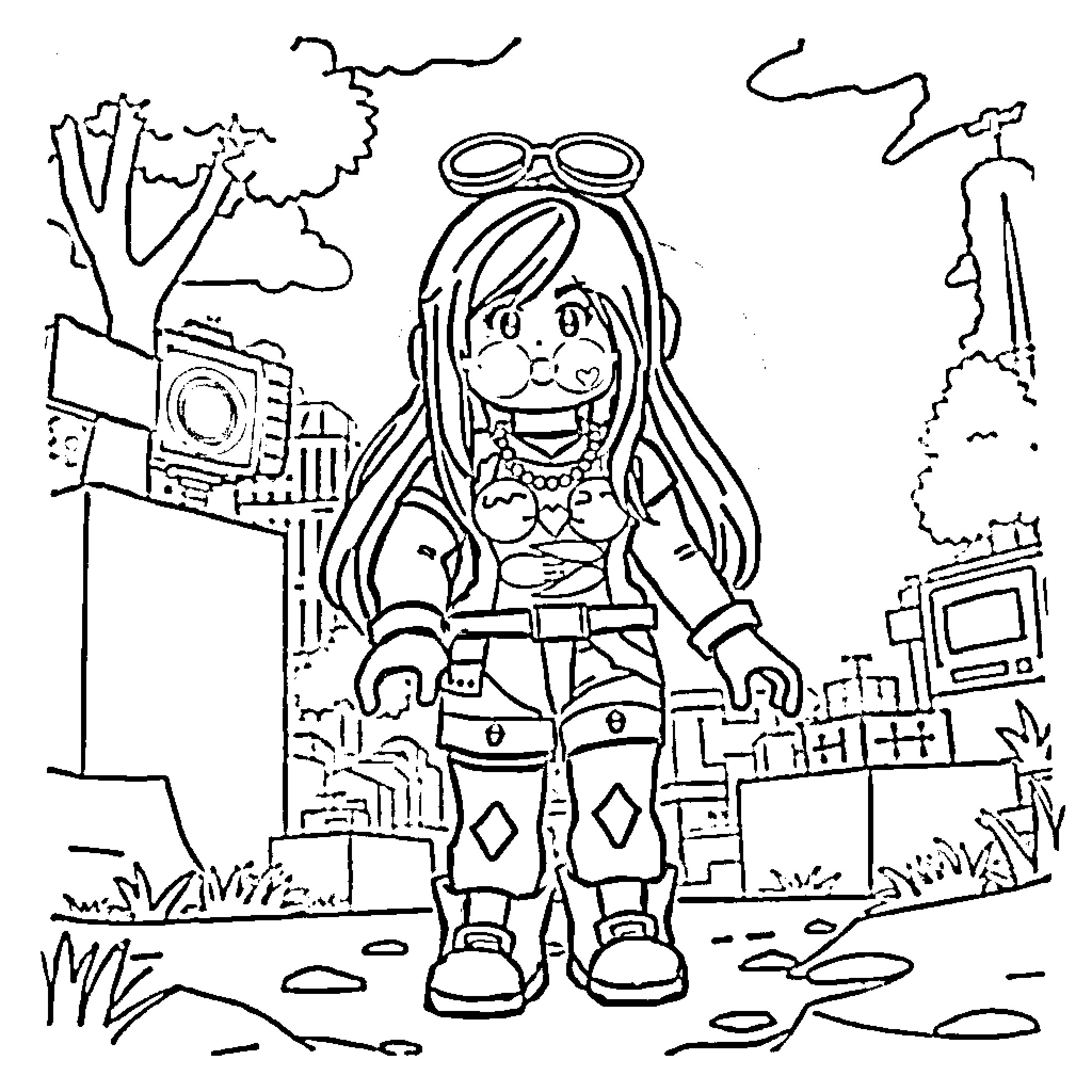 Roblox Girl Exploring a Vibrant Virtual World Coloring Page (free black-and-white line drawing printable PDF for all, from beginners to advanced learners, including children, teens, adults, and seniors)
