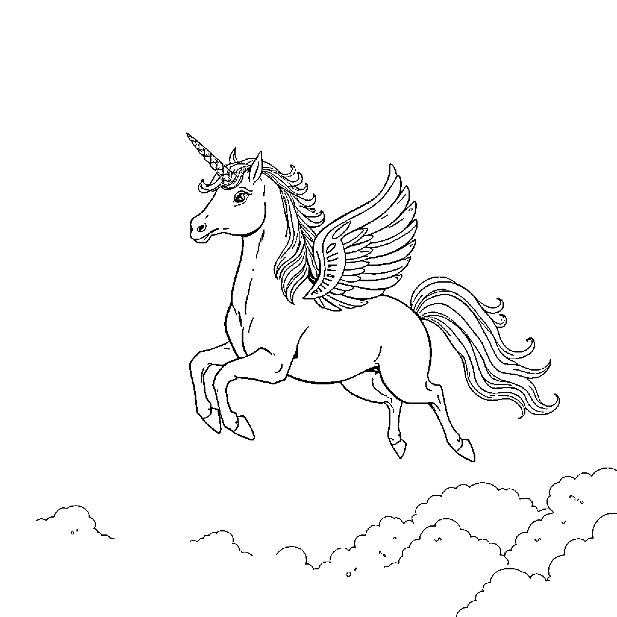 Unicorn soaring through the clouds with wings Coloring Page (free black-and-white line drawing printable PDF for all, from beginners to advanced learners, including children, teens, adults, and seniors)