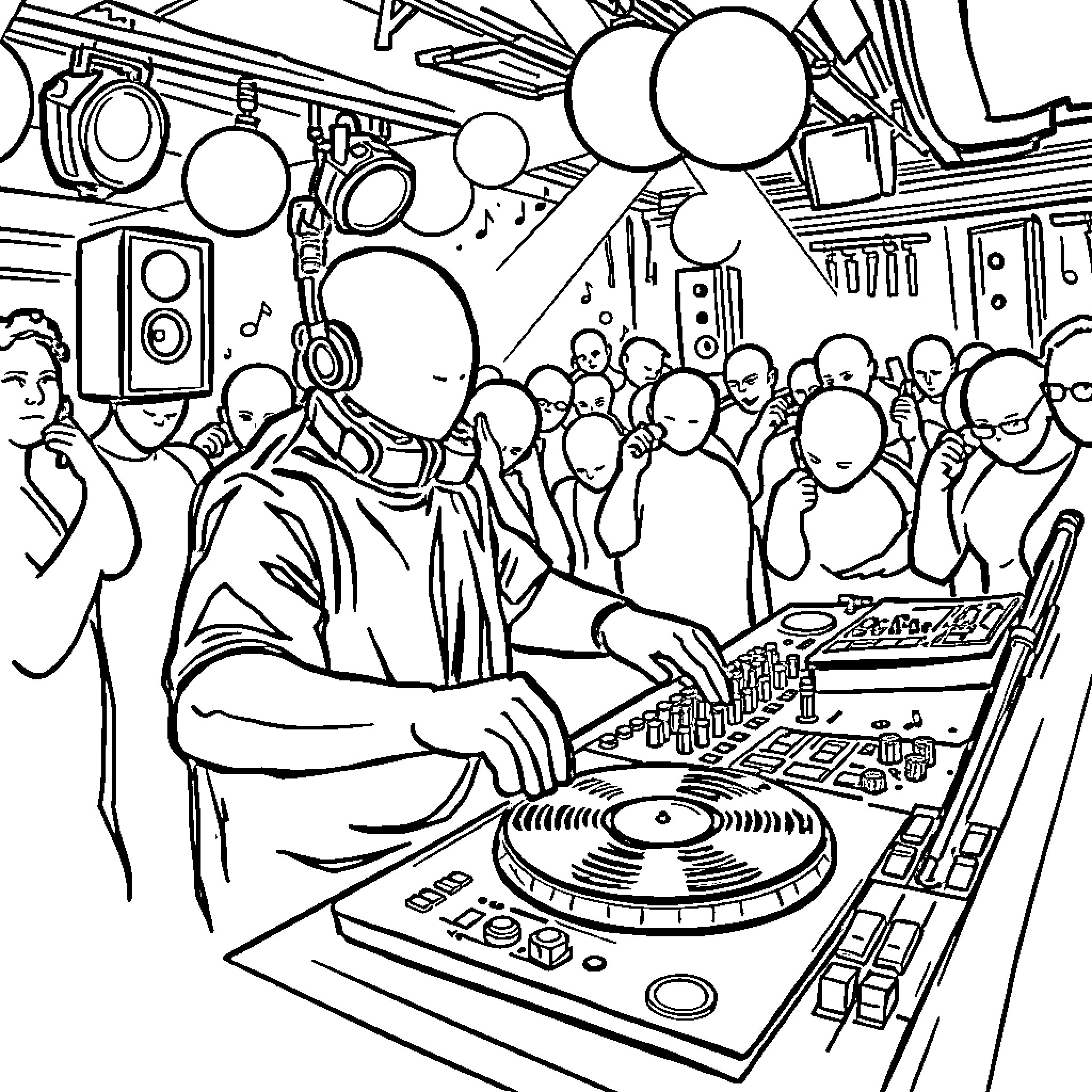DJ Spinning Tracks for Energetic Crowd Coloring Page (free black-and-white line drawing printable PDF for all, from beginners to advanced learners, including children, teens, adults, and seniors)