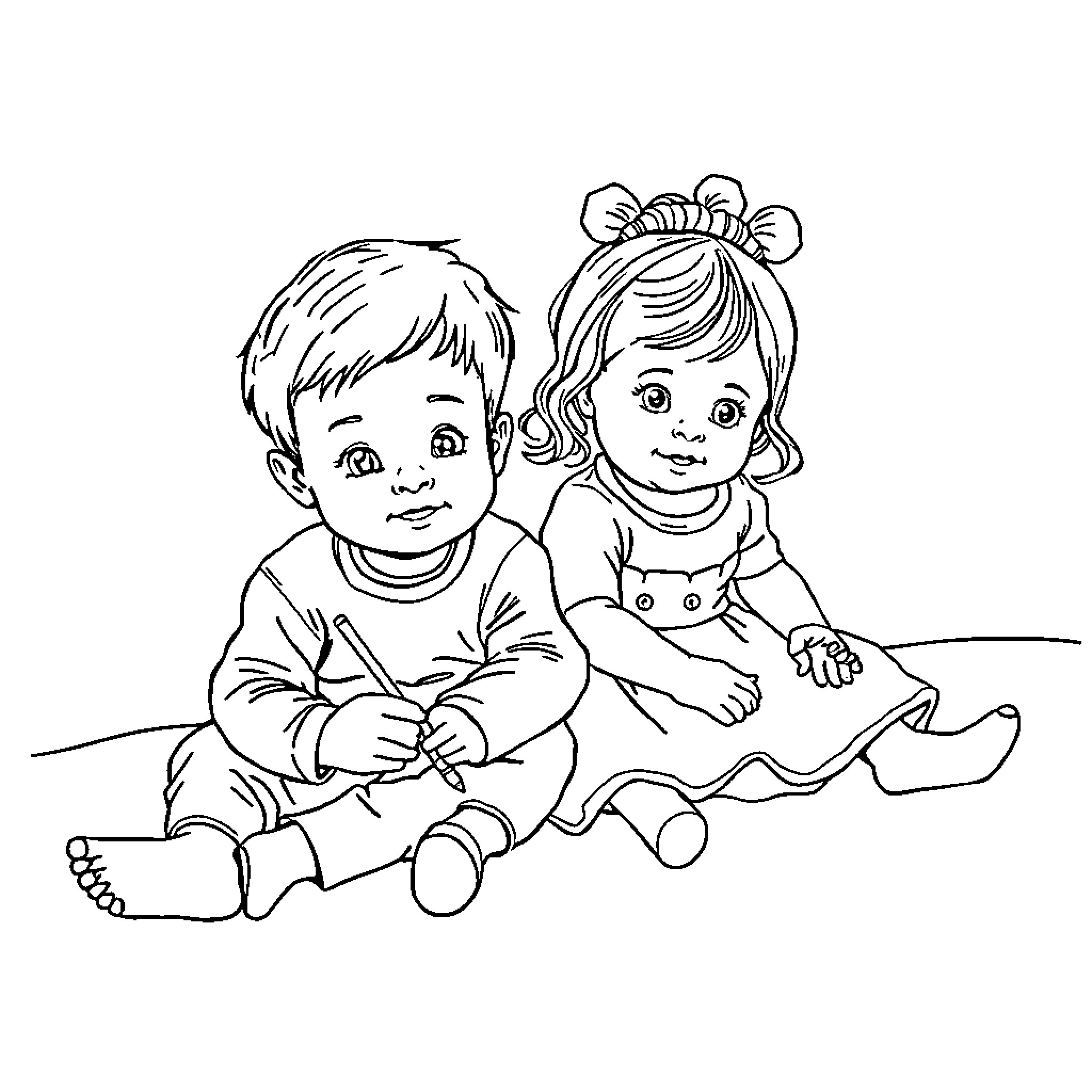 Niño siblings playing joyfully together Coloring Page (free black-and-white line drawing printable PDF for all, from beginners to advanced learners, including children, teens, adults, and seniors)