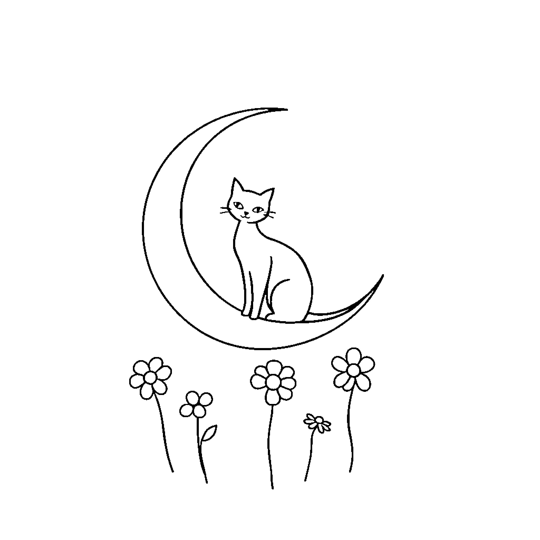 Moon cat resting amidst whimsical flowers Coloring Page (free black-and-white line drawing printable PDF for all, from beginners to advanced learners, including children, teens, adults, and seniors)