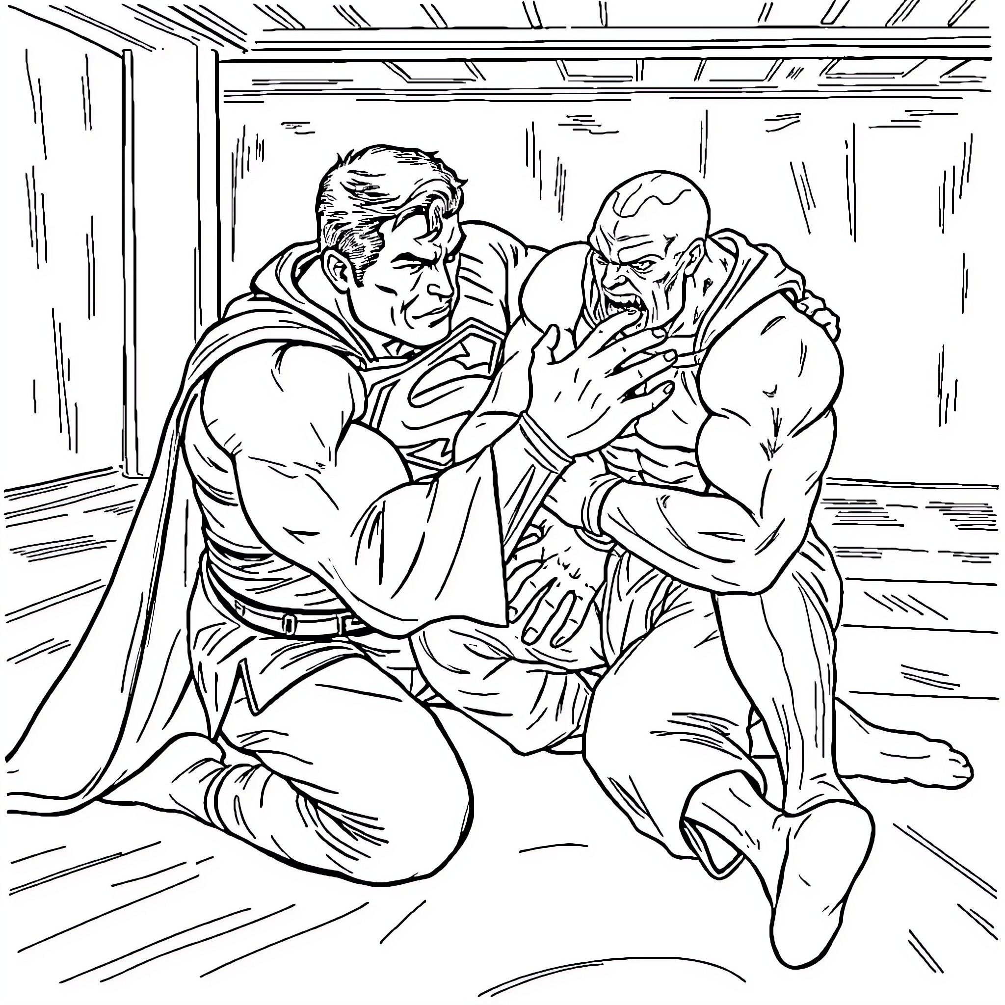 Superman in an intense struggle with a powerful foe Coloring Page (free black-and-white line drawing printable PDF for all, from beginners to advanced learners, including children, teens, adults, and seniors)