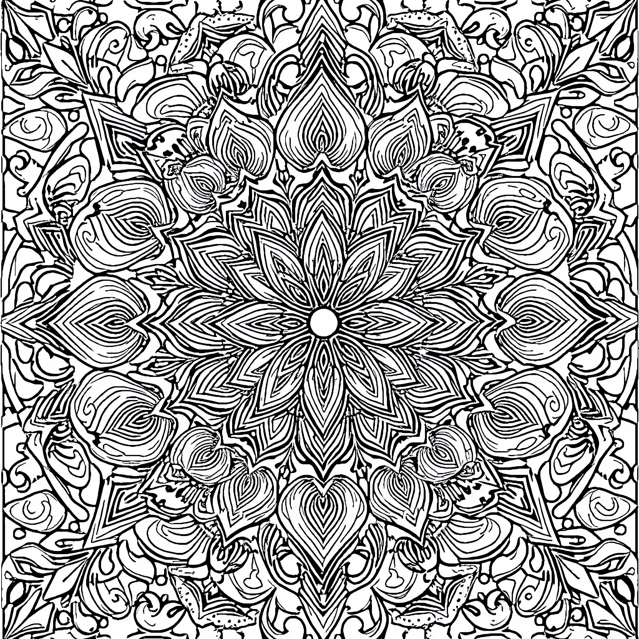 Mindful Floral Mandala Composition Coloring Page (free black-and-white line drawing printable PDF for all, from beginners to advanced learners, including children, teens, adults, and seniors)