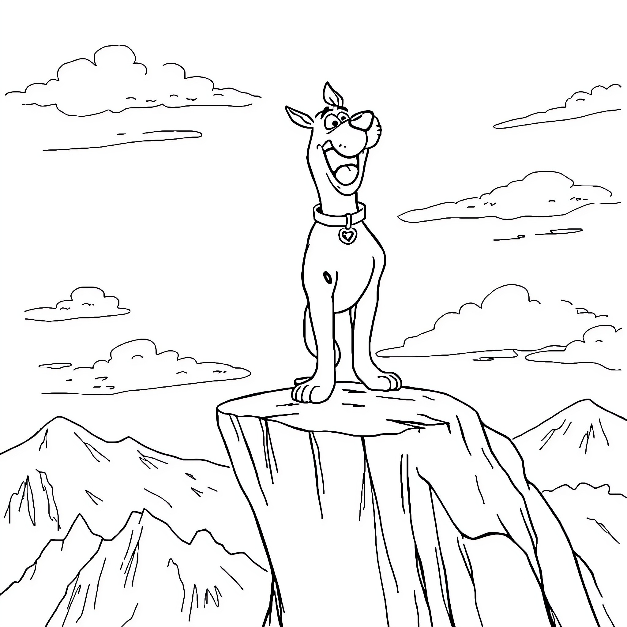 Scooby Doo Exploring the Mountainous Landscape Coloring Page (free black-and-white line drawing printable PDF for all, from beginners to advanced learners, including children, teens, adults, and seniors)