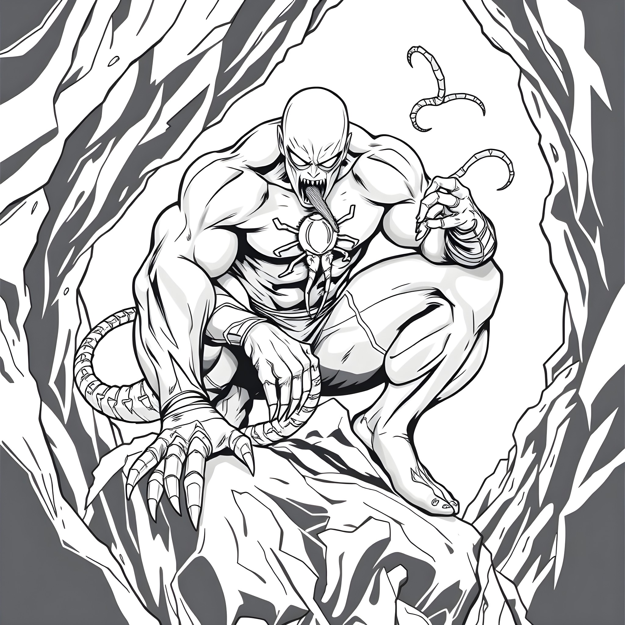 Venom's Ferocious Rage in Monochrome Coloring Page (free black-and-white line drawing printable PDF for all, from beginners to advanced learners, including children, teens, adults, and seniors)