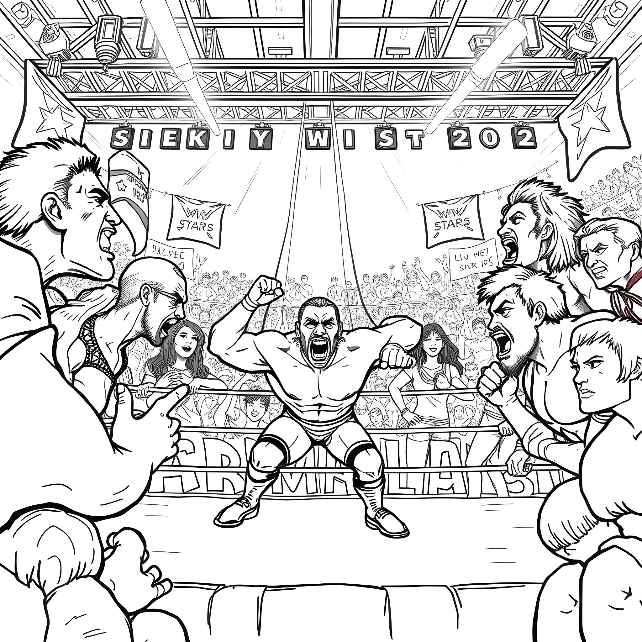 WWE Geeky West 202: Intense Wrestling Action Coloring Page (free black-and-white line drawing printable PDF for all, from beginners to advanced learners, including children, teens, adults, and seniors)