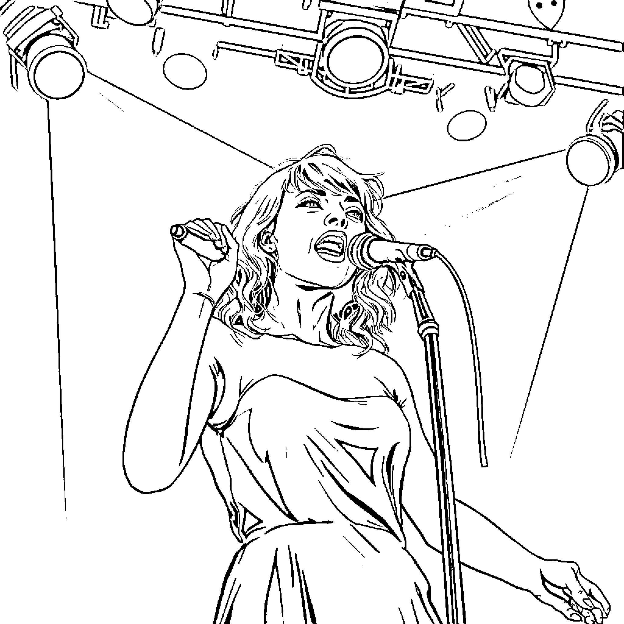 Taylor Swift performing on stage with musical instruments Coloring Page (free black-and-white line drawing printable PDF for all, from beginners to advanced learners, including children, teens, adults, and seniors)