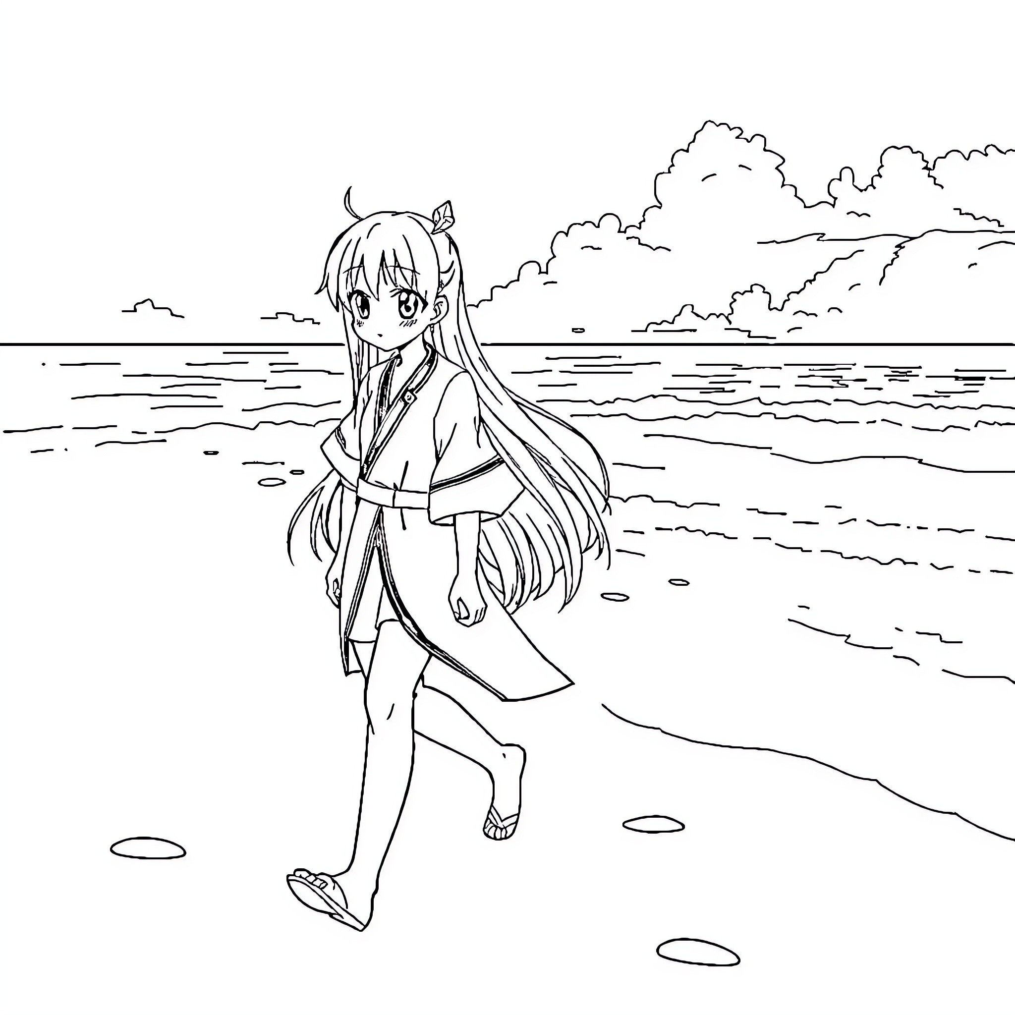 Seikyou's Casual Stroll by the Serene Seaside Coloring Page (free black-and-white line drawing printable PDF for all, from beginners to advanced learners, including children, teens, adults, and seniors)