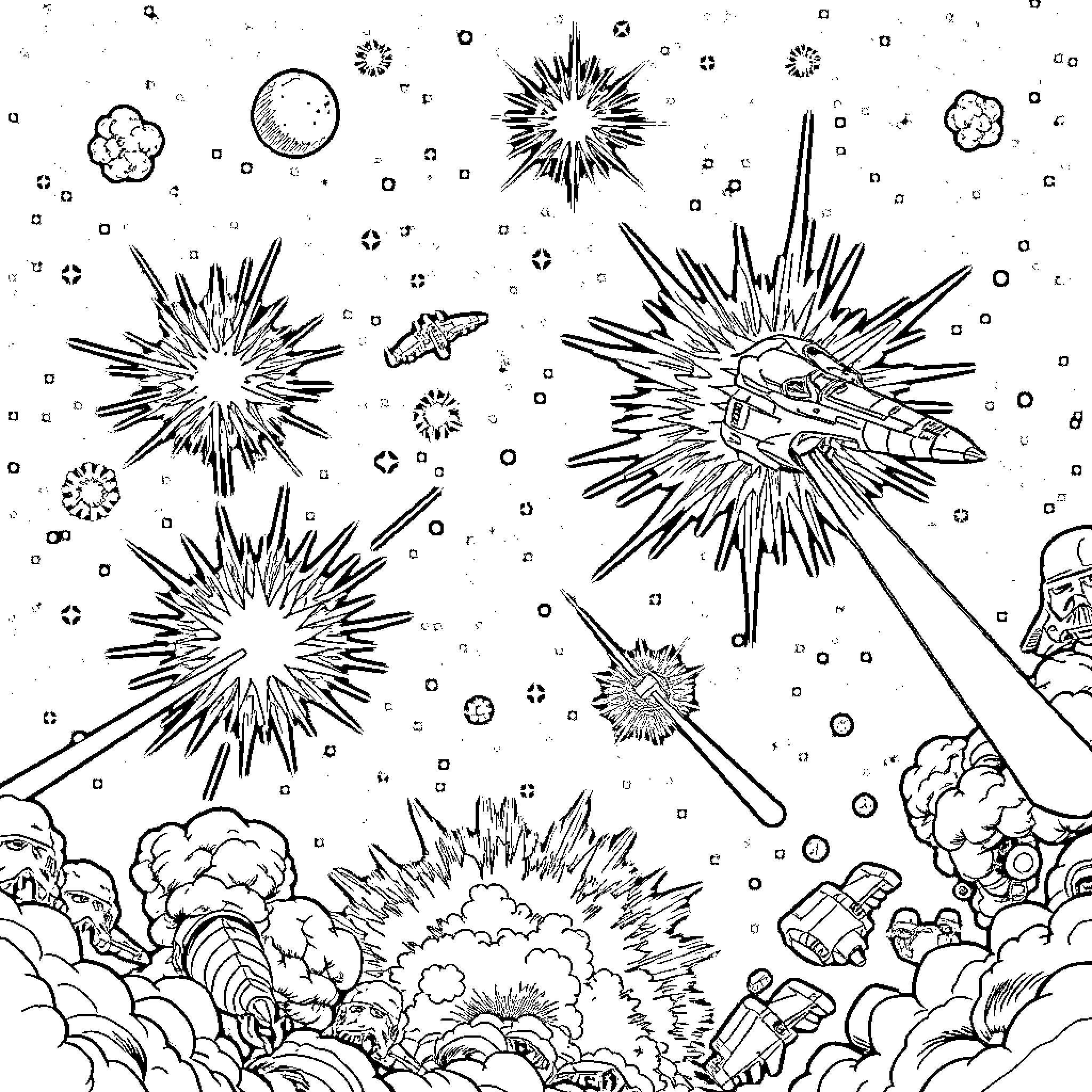 Space battle with explosions and spacecraft Coloring Page (free black-and-white line drawing printable PDF for all, from beginners to advanced learners, including children, teens, adults, and seniors)